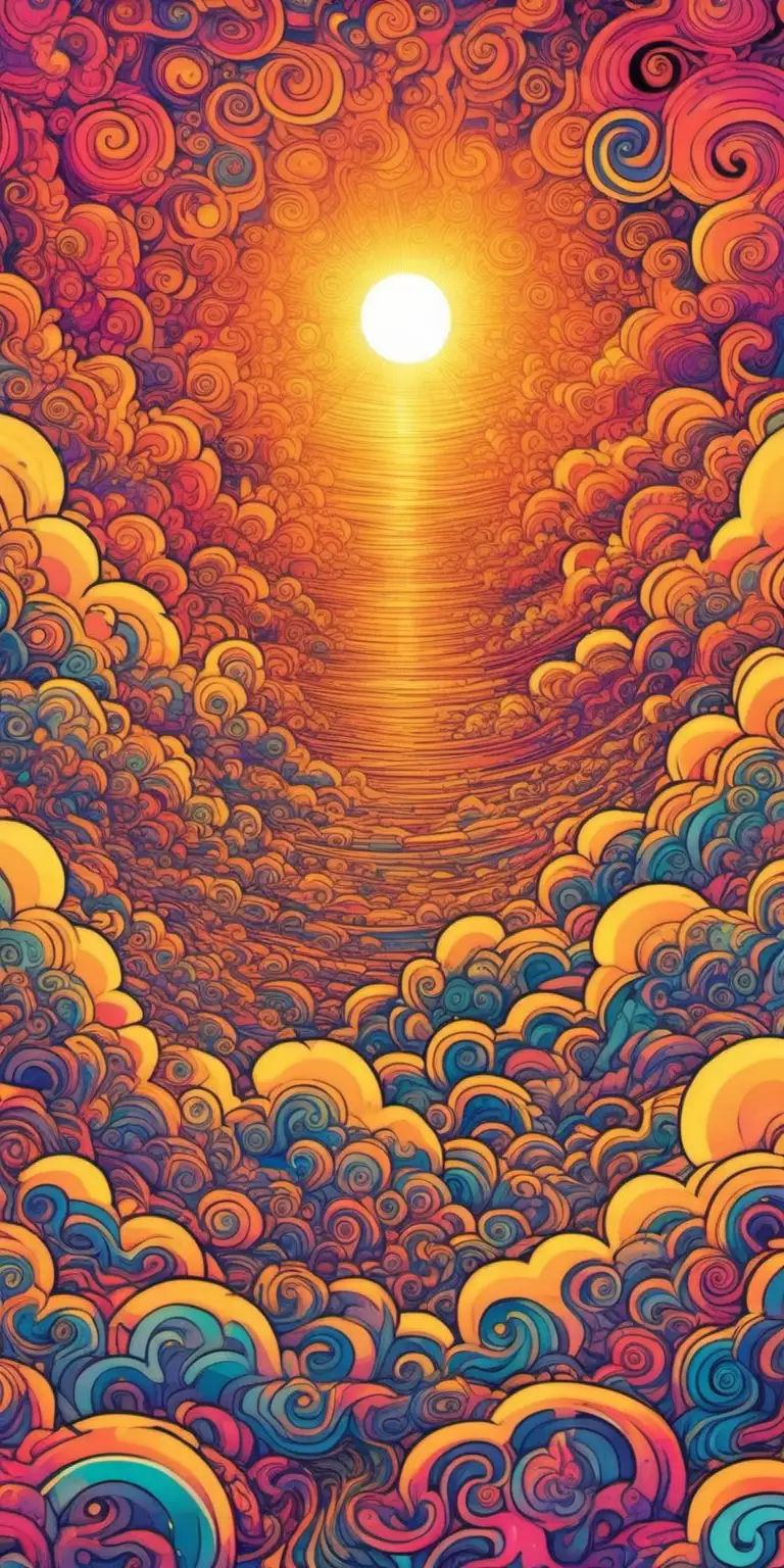 sunrise low on the horizon, sun at very bottom of image, Psychedelic, swirls in clouds, intricate sky, lsd
