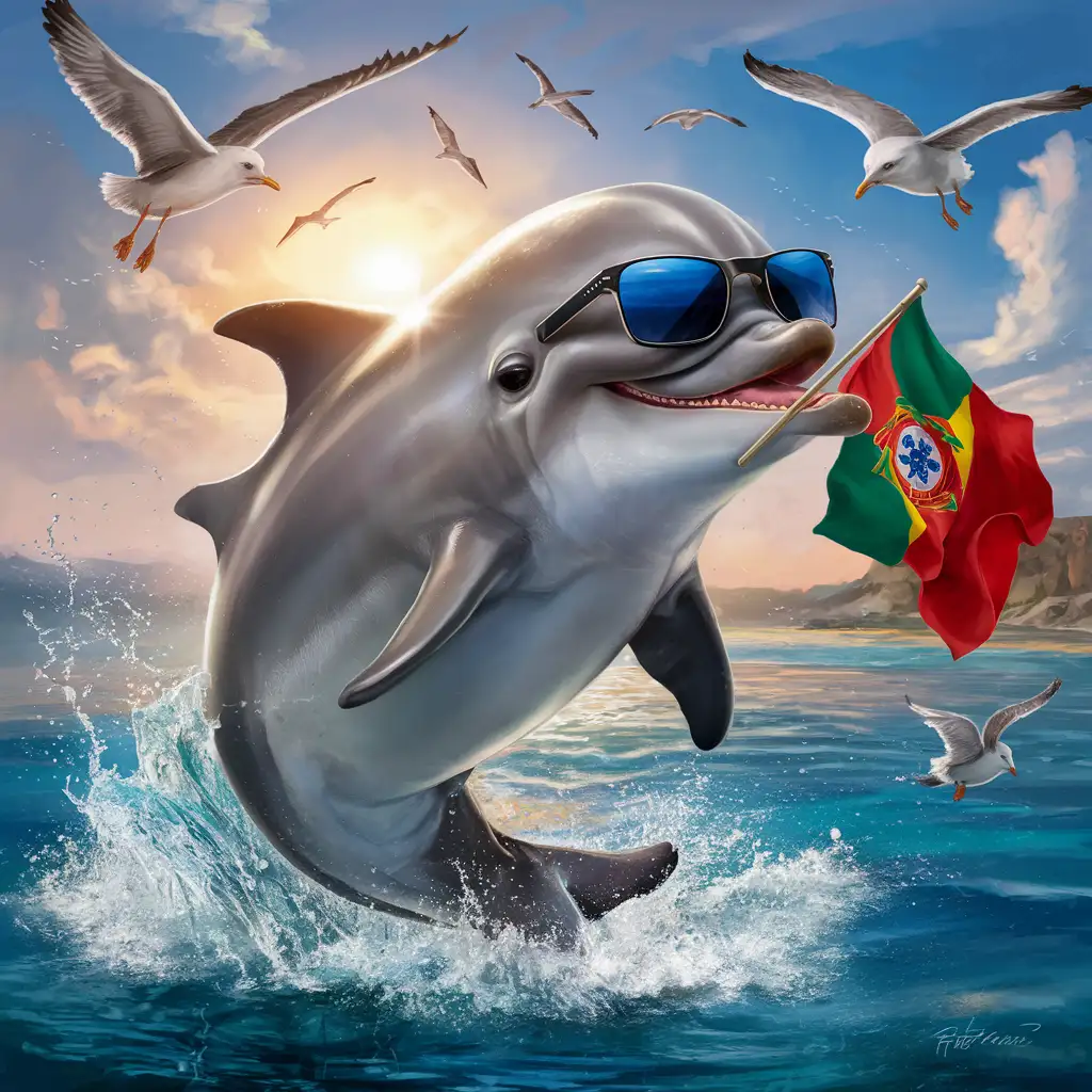 Dolphin wearing sunglasses and holding a Portuguese flag