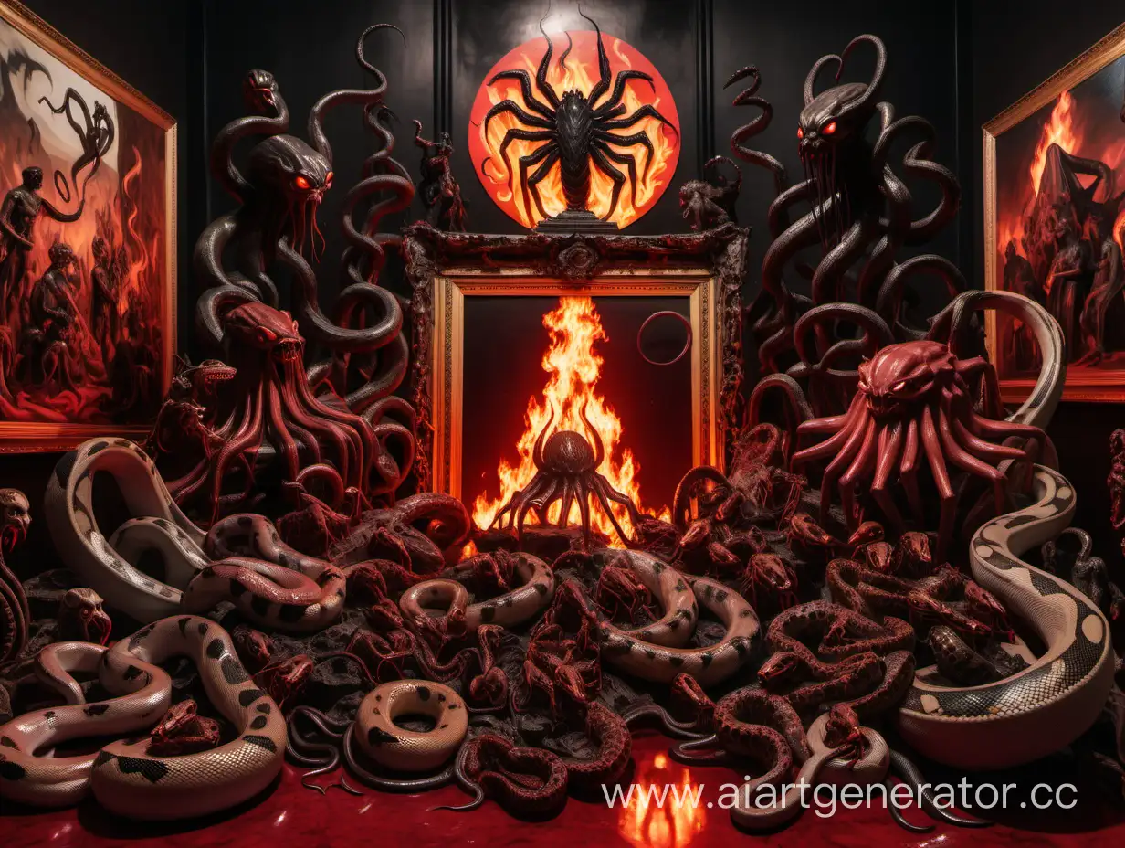 Snakes, cats wolves, spiders, octopuses, scorpions and crabs and fire in front of a painting and statues in a satanic temple.