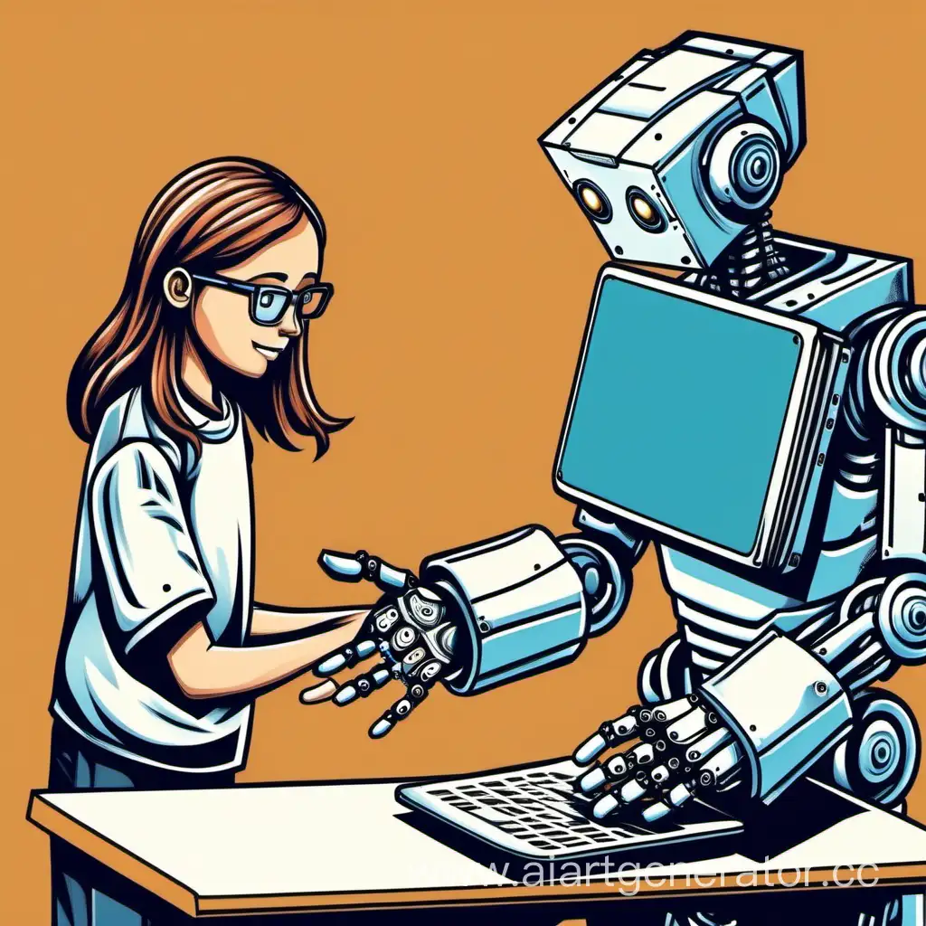 Робот протягивает студенту руку из монитора компьютера, студент протягивает руку роботу, в другой руке у студента учебник по английскому языку