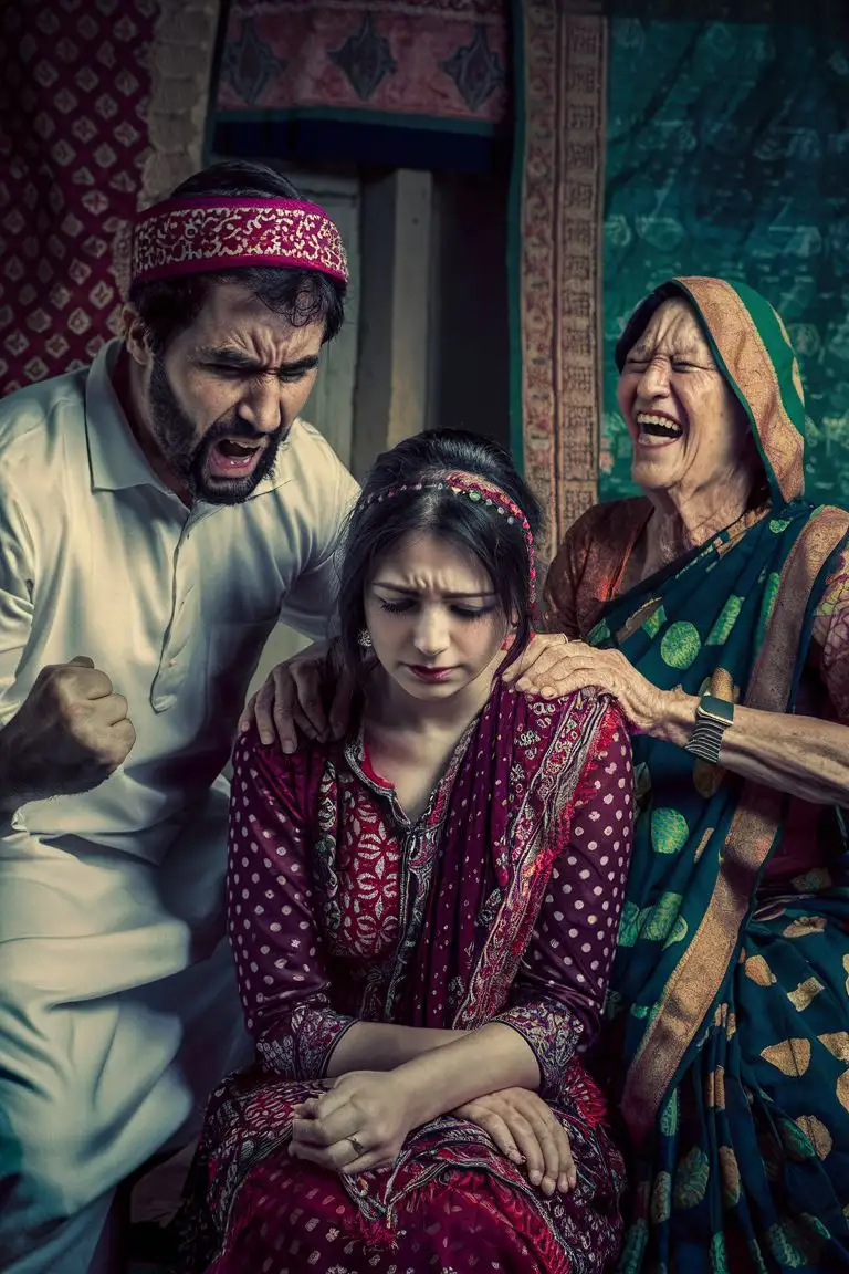 Pakistani-Muslim-Family-Conflict-Angry-Husband-Sad-Wife-and-Amused-Mother