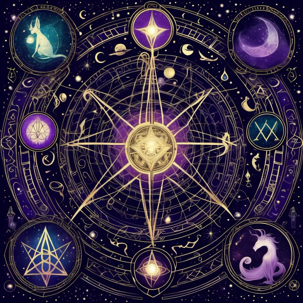 Create an image of mystical wall art, capturing the essence of the arcane. The artwork should feature a blend of celestial and alchemical symbols, like moons, stars, and mystical diagrams, arranged in an intricate, aesthetically pleasing composition. The color palette is rich and enigmatic, with deep blues, purples, and golds. Elements of the art piece may include glowing runes, ethereal illustrations of mythical creatures, and abstract representations of magical forces. The overall feel of the artwork is one of ancient wisdom and cosmic mystery, suitable for adorning the walls of an enchanter's study or a secret chamber in a magical library.