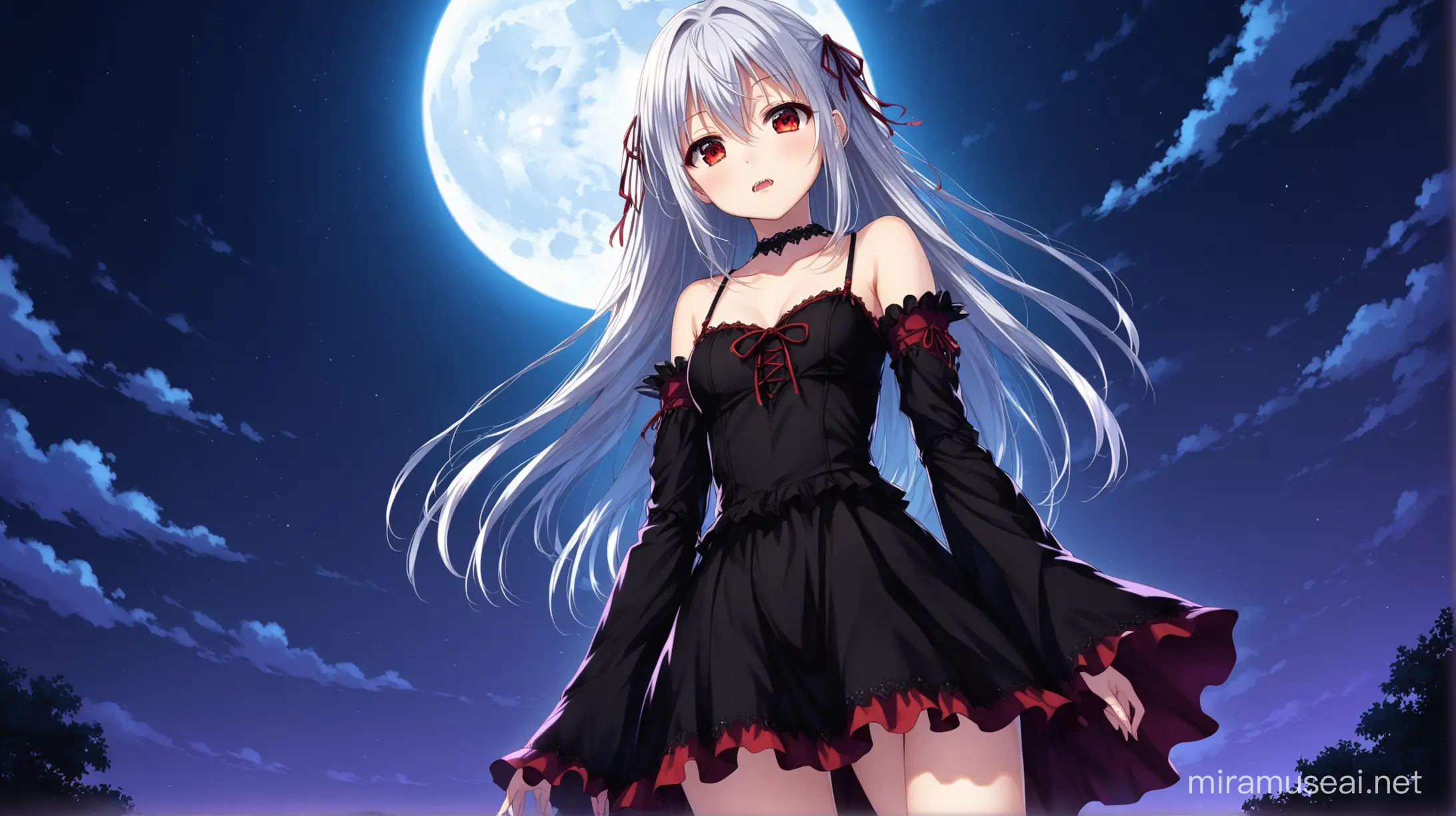 Aesthetic ((1girl)), ((Yami Eve Golden Darkness/To Love-Ru/)), a young and cute vampire girl, long silver hair and vampire fangs and red eyes, standing, ((petite body)), low angle, from below, night, Dutch angle, full moon, ((high detail)), ((best quality)), detailed eyes, wearing a black outfit with detached sleeves, wide irises, ((stoic and cold expression)), ((unsmiling)), standing, full body, moonlight, two side up hairstyle, ((looking at viewer))