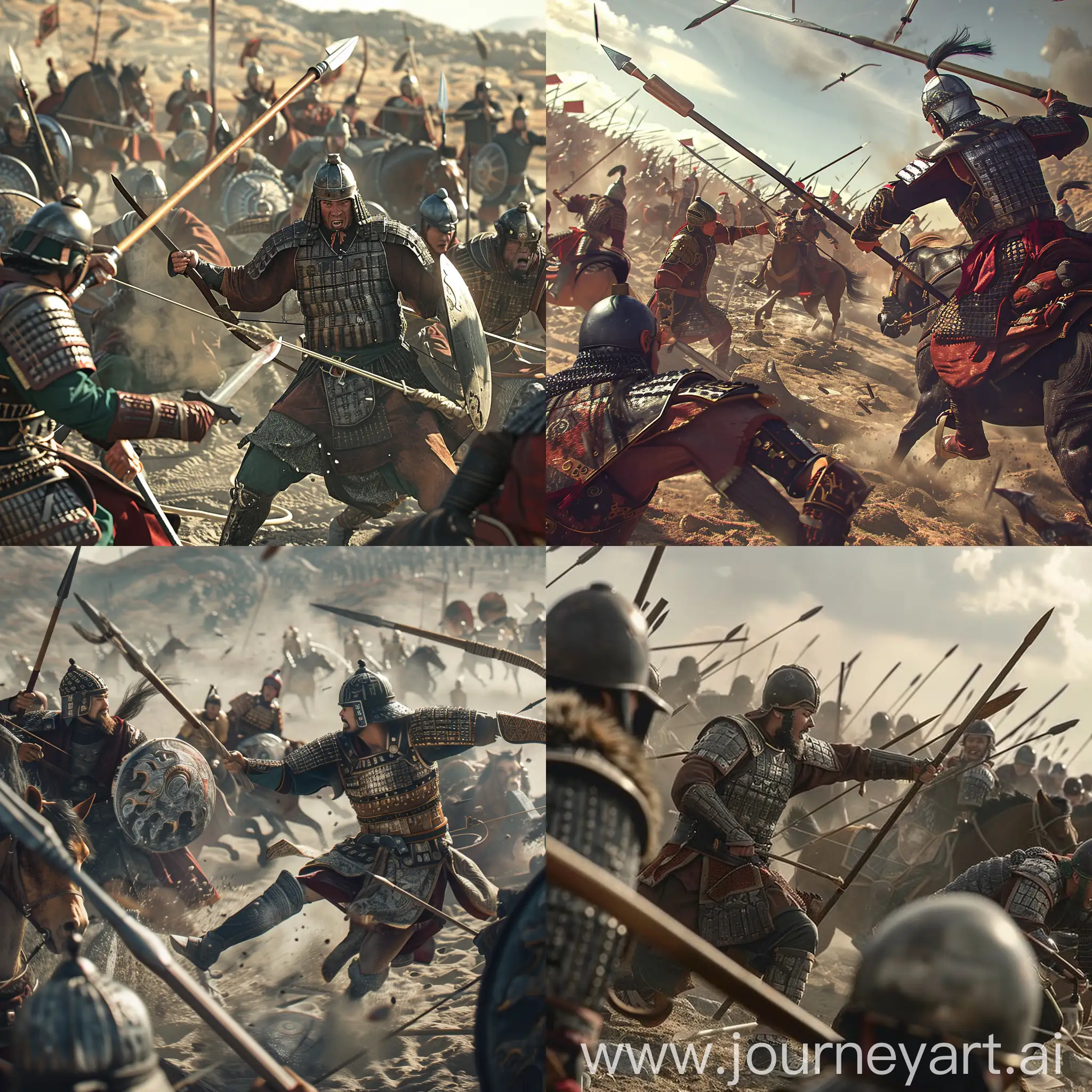 A dramatic scene of Qin warriors fighting against barbarians on the steppe. Qin soldiers wore armor and helmets, armed with weapons including long spears, swords, and crossbows against enemy cavalry. Images are enhanced with the best 8k HDR quality, creating stunningly realistic scenes