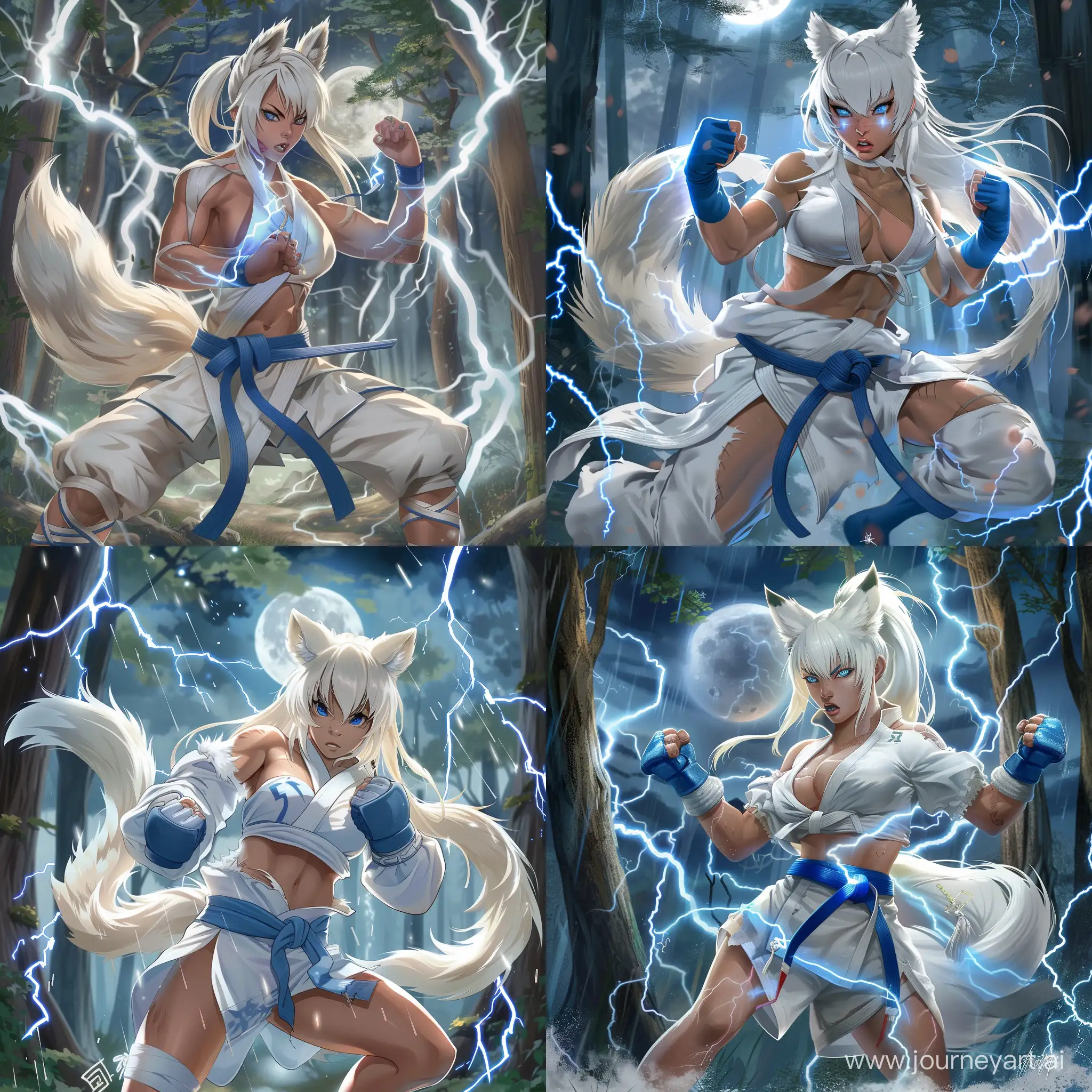 anime-style, full body, athletic, muscular, tan skin, adult, asian woman, long white hair, white fox ears, white fox tail attached to her waist, fierce blue eyes, wearing a white and blue martial arts gi, white chestwrap, baggy white martial arts pants, dynamic, blue fistwraps, blue footwraps, using lightning magic, surrounded by lightning, forest, night, full moon