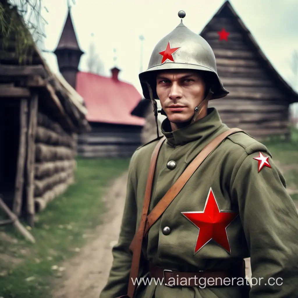 Советский солдат среди средневековой деревни. В каска с красной звездой. 