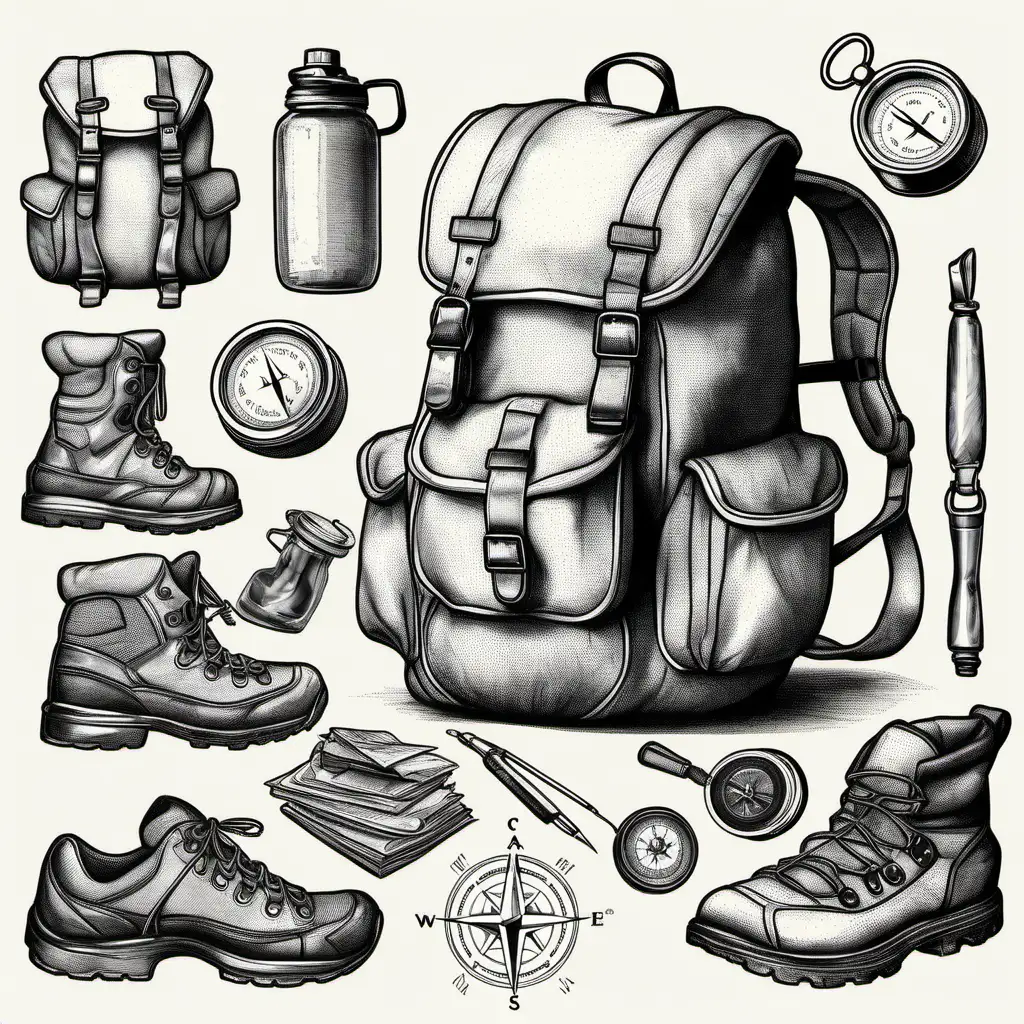 create a B&w drawing of elements: hiking backpack, hiking boots, compass, mountain peaks, canteen