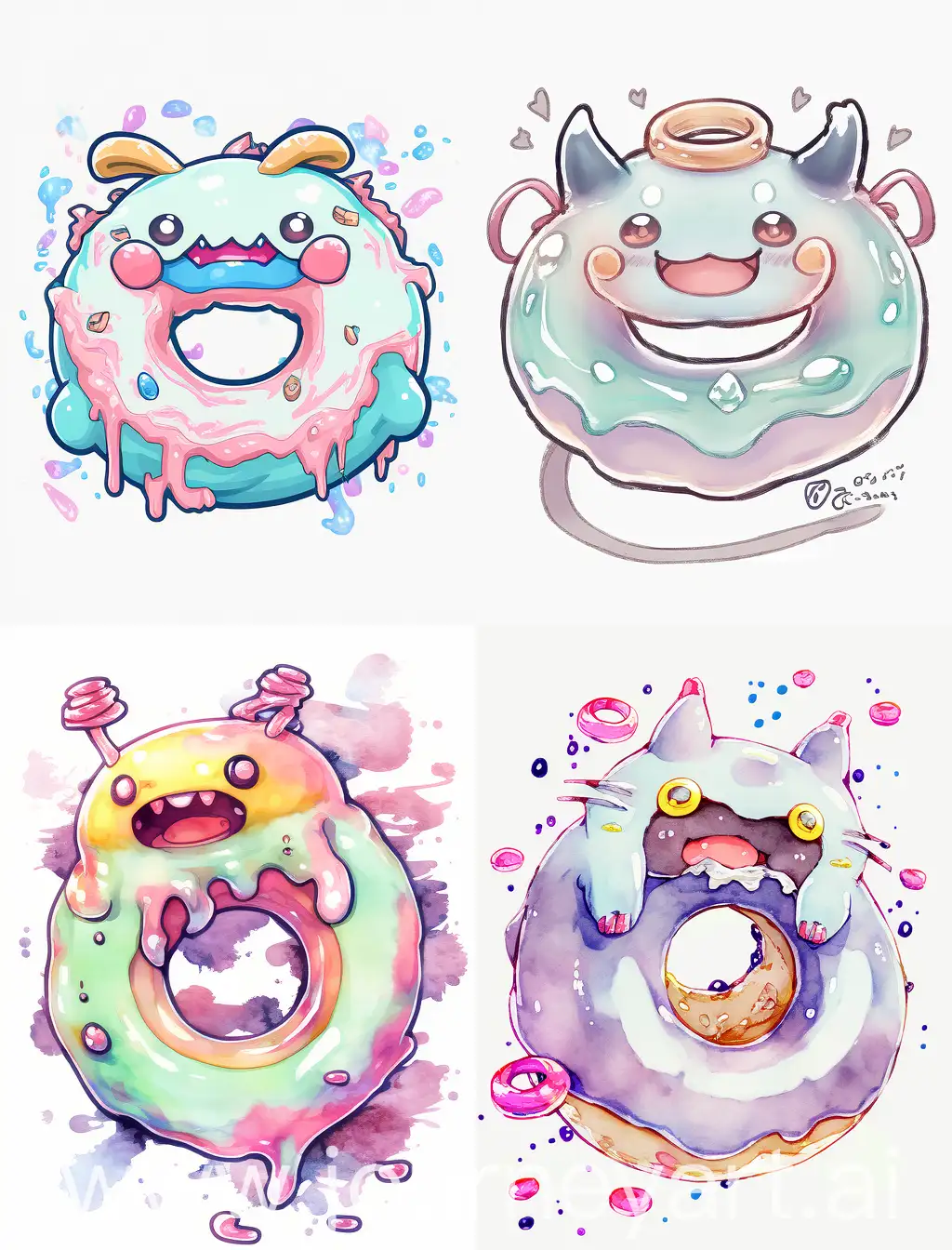 friendly slime monster, donut shaped, with cute floppy ears, watercolor anime style