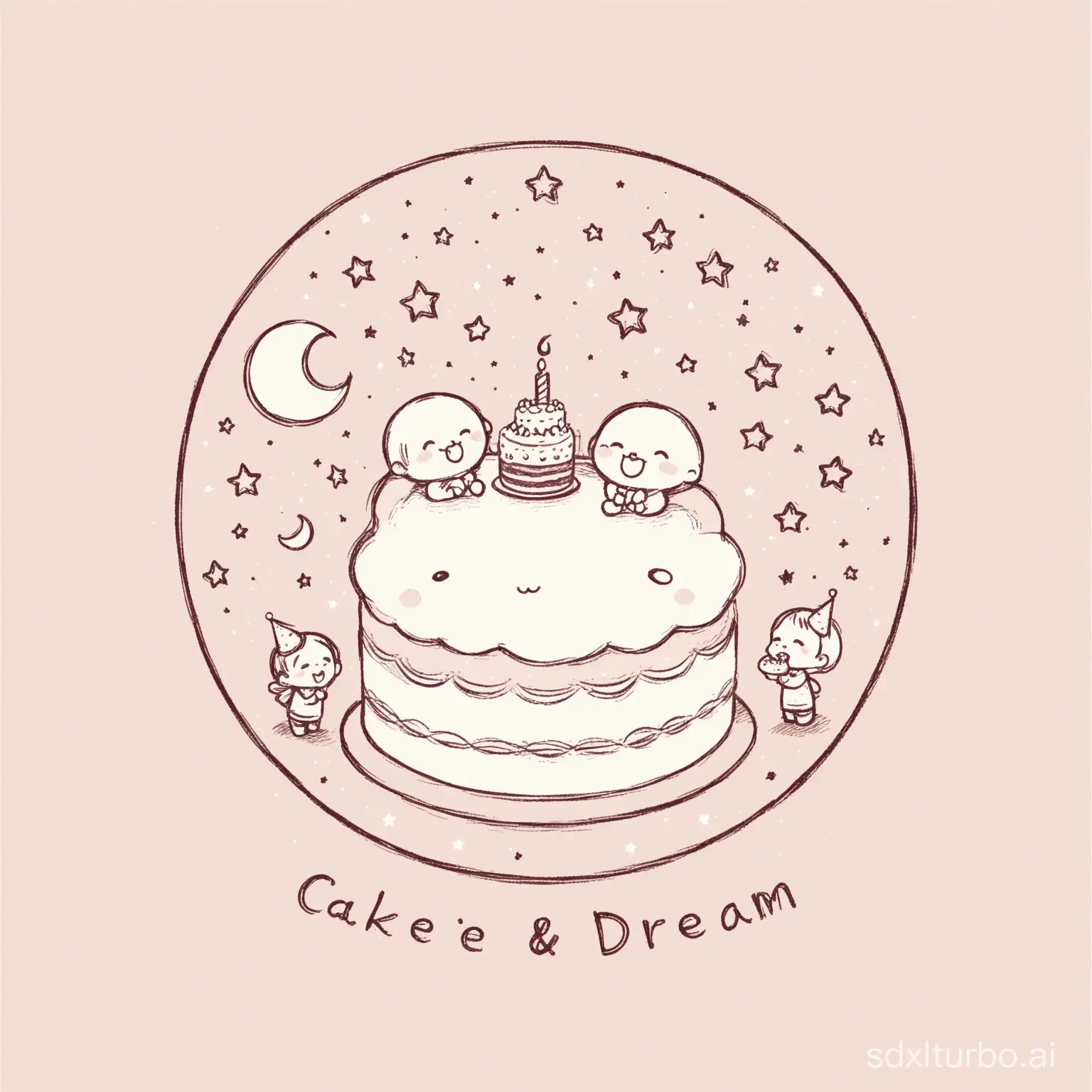Now it's time to draw a logo for a cake shop. The logo name is tender dream. The requirement is a black-and-white simple sketch, cute, warm, and concise. It needs to have stars and a moon, not too childish, more dreamy, preferably without a cake. Add text and two little figures making wishes.