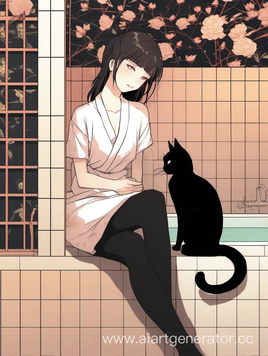 Девушка с карешкой в бане и рядом сидит черный кот