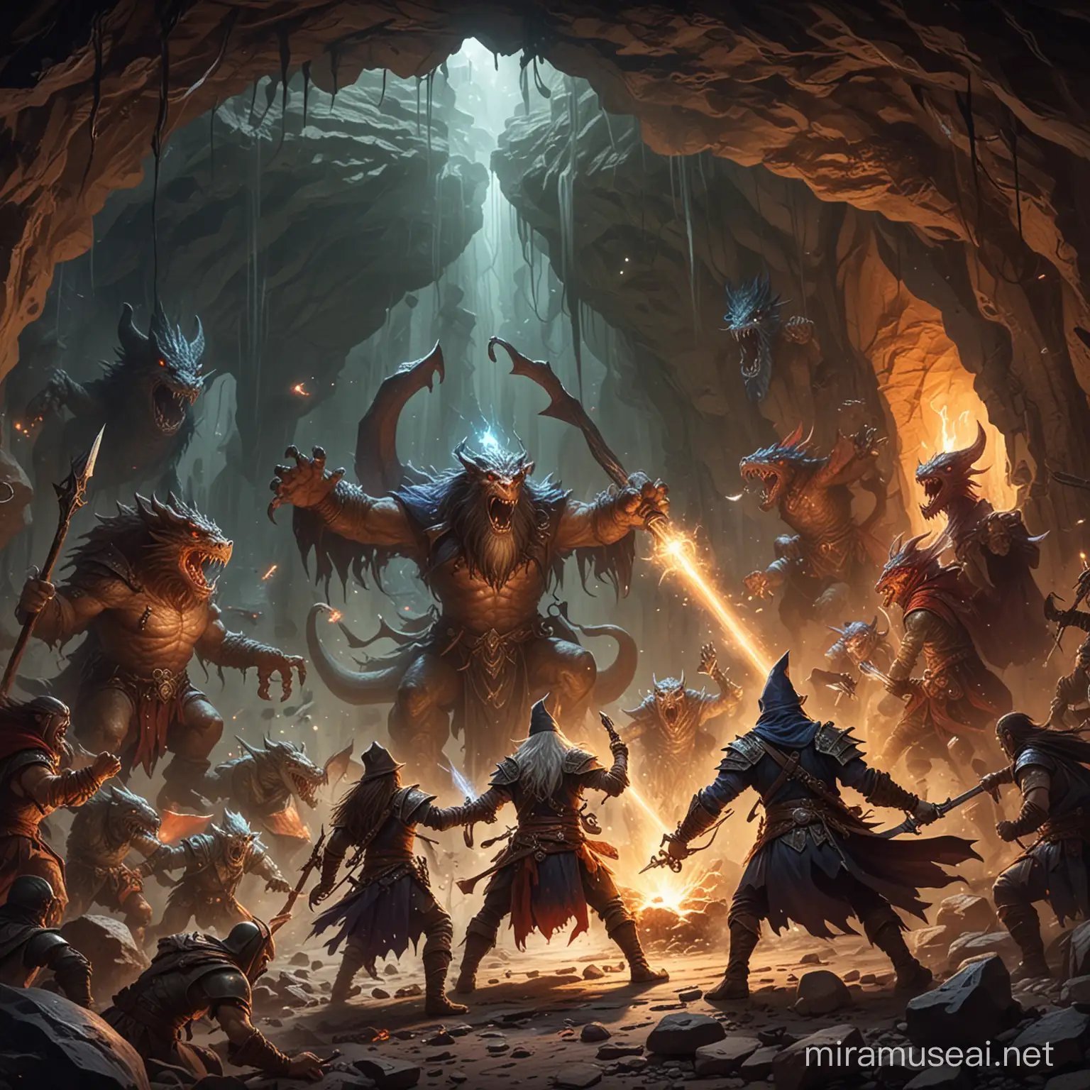 Wizard fighting monsters in a cave D&D


