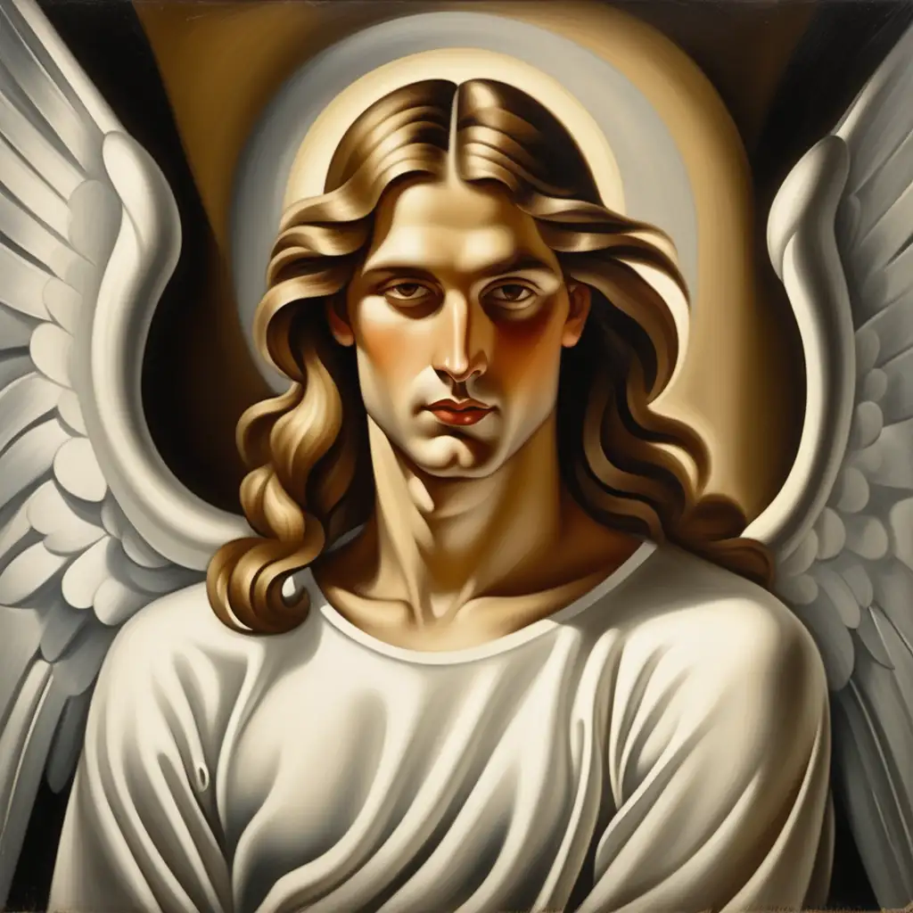 painting in lempicka style of an angel, male with long hair