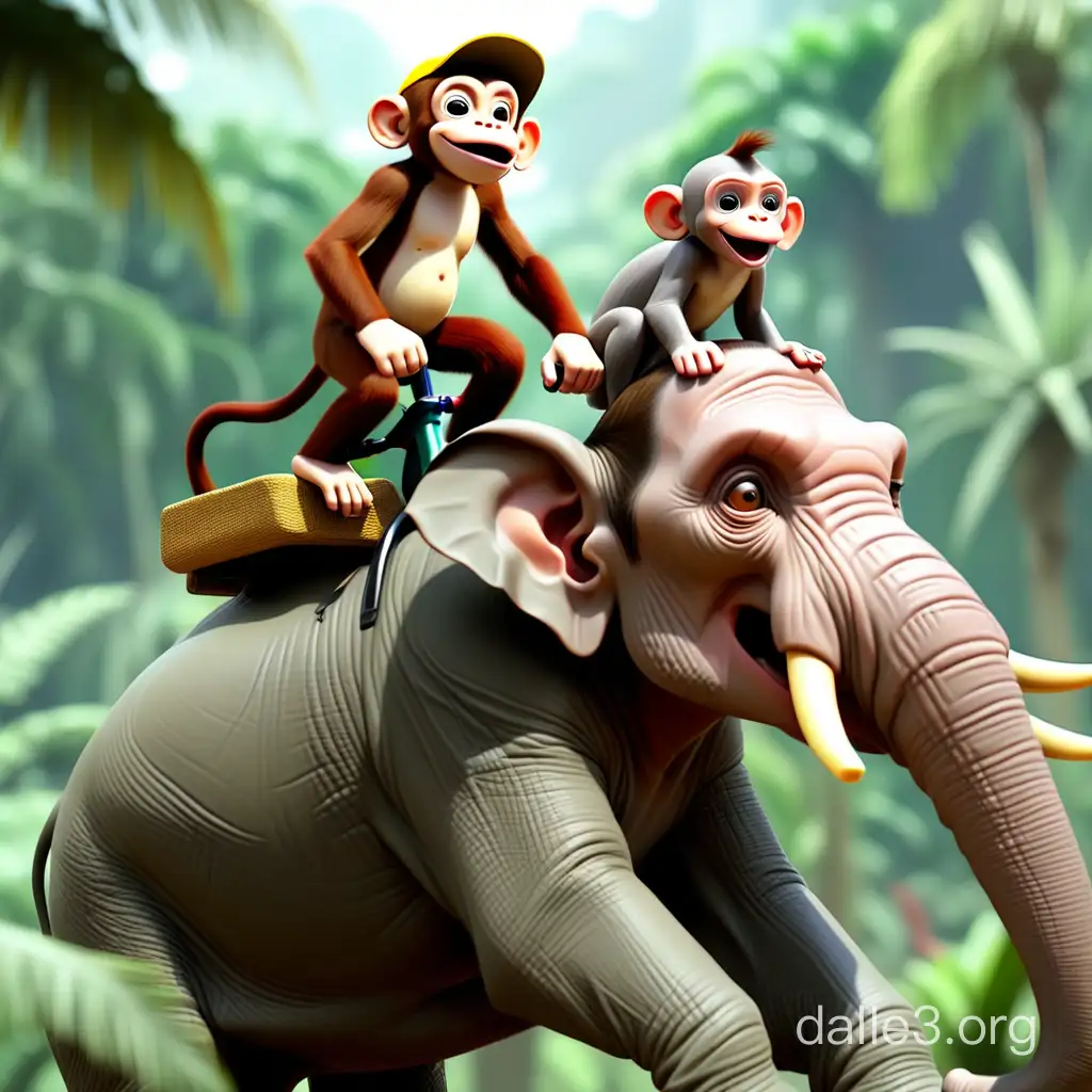 A monkey riding on an elephant in the Jurassic Park