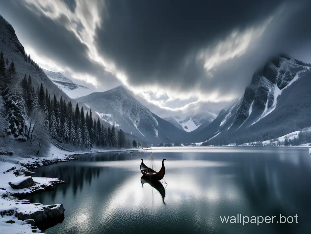Vikings-Amidst-Snowy-Mountains-and-Forest-by-a-Frozen-Lake