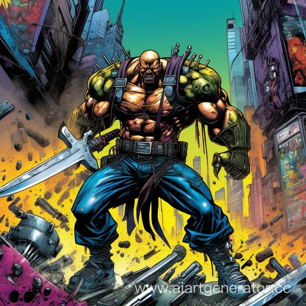 90s comics art, attack move, full height figure, cyberpunk, armored bruiser, sword, stoned, violent crazy, aggressive, colored