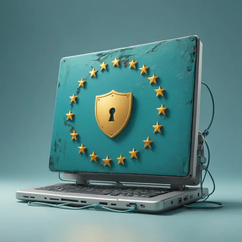 cyber security with EU flag, risks in NIS2 directive in turquoise colors