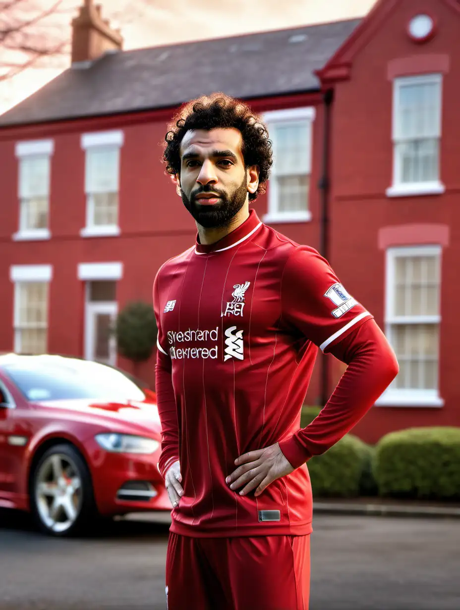 mohamed salah a Liverpool star, wearing Liverpool red outfit, bokeh background, soft light on face, rim lighting, facing away from camera, looking back over his shoulder, standing in front of the Liverpool red house with a Liverpool red car in the driveway, photo realistic, very high detail, extra wide photo, full body photo, aerial photo