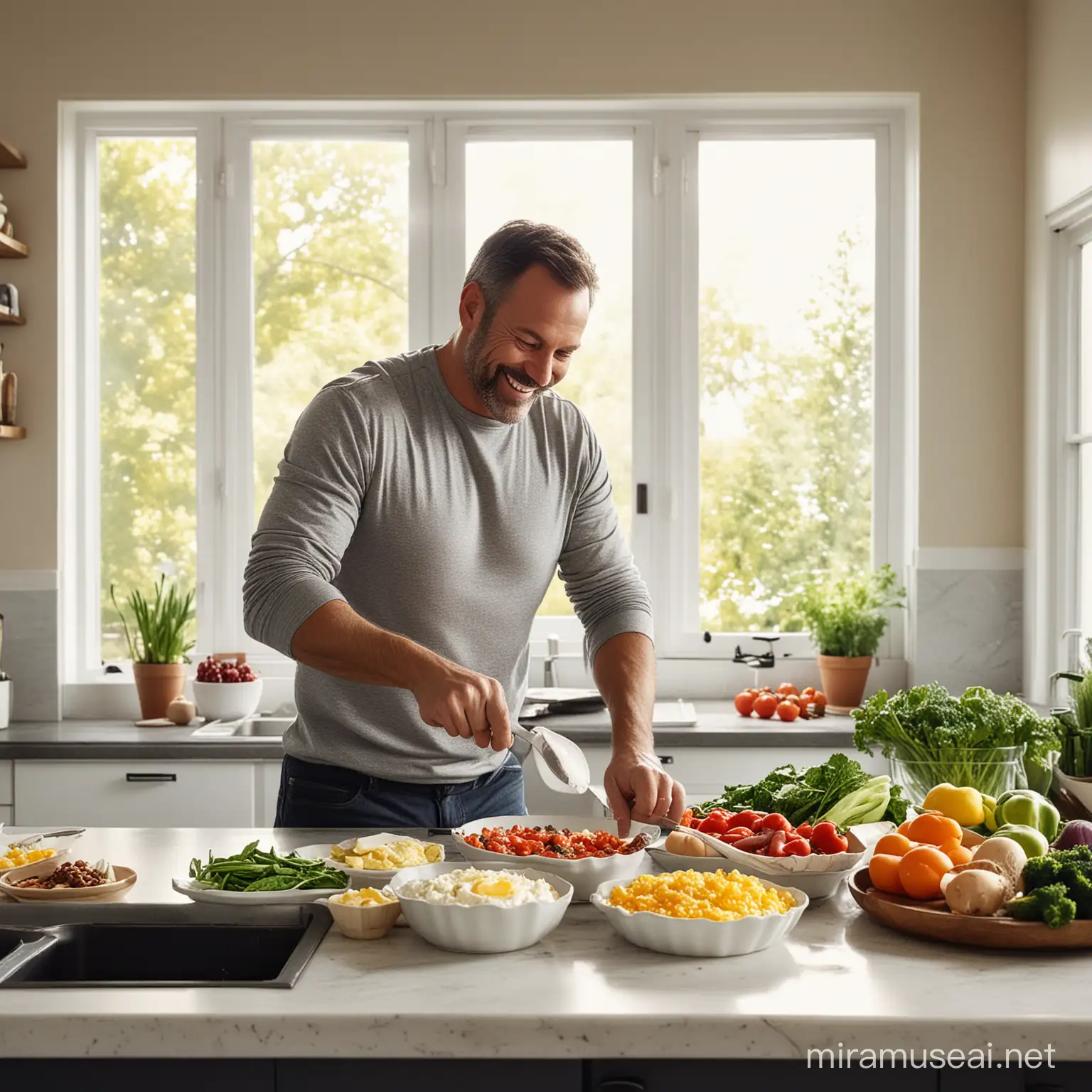 "A smiling dad stands in the kitchen, surrounded by ingredients for a protein-rich breakfast. He's seen cracking eggs into a pan, with vibrant vegetables and a bowl of Greek yogurt nearby. The morning sunlight streams through the window, illuminating the nutritious spread."