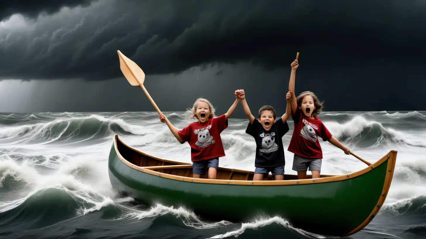 Cheering Children in Canoe Brave Rough Sea Storm