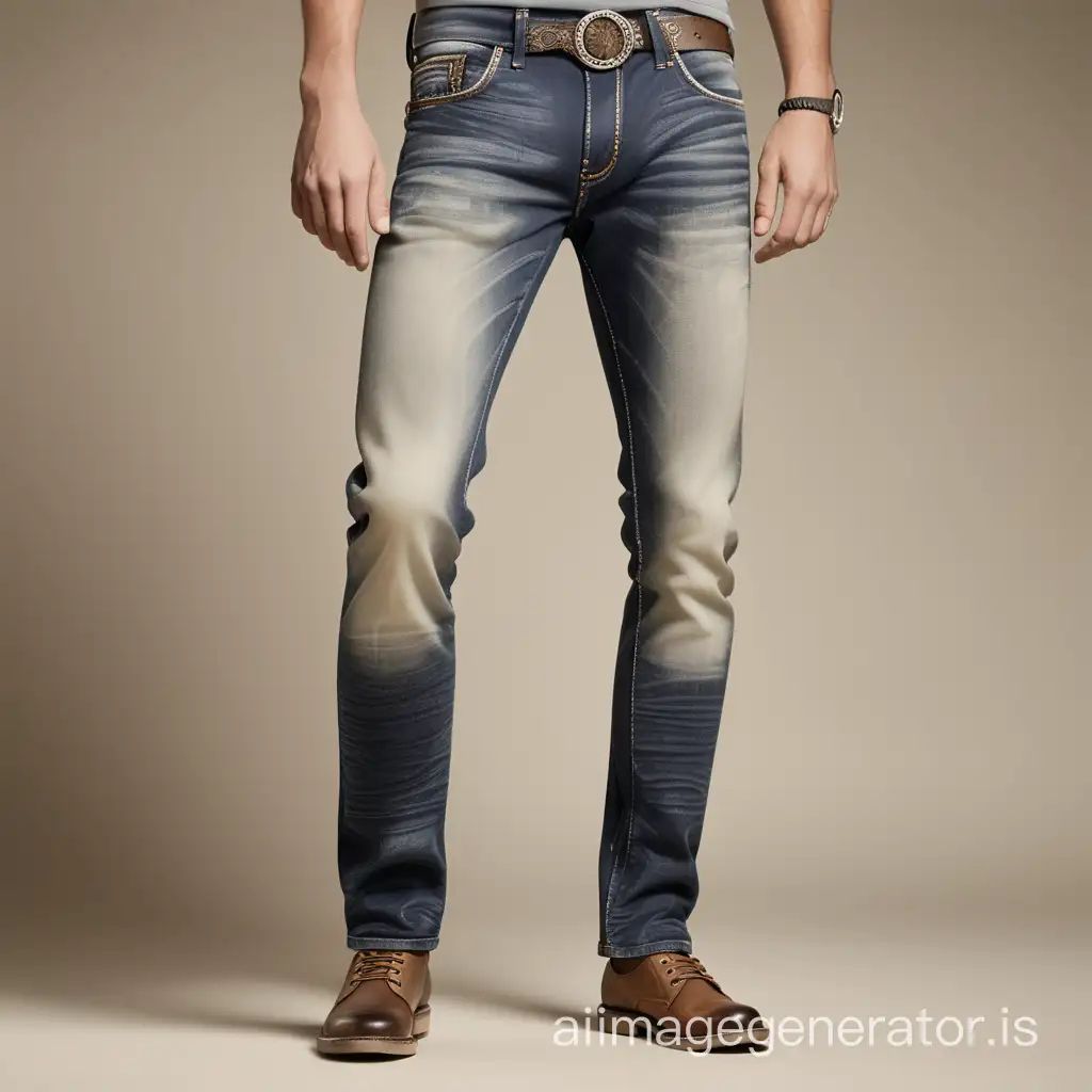 Create subtle fading and worn-in look of the Sand Blast wash jeans for men contemporary style and authentic vintage vibes, having contrast stitching and metal accessories.