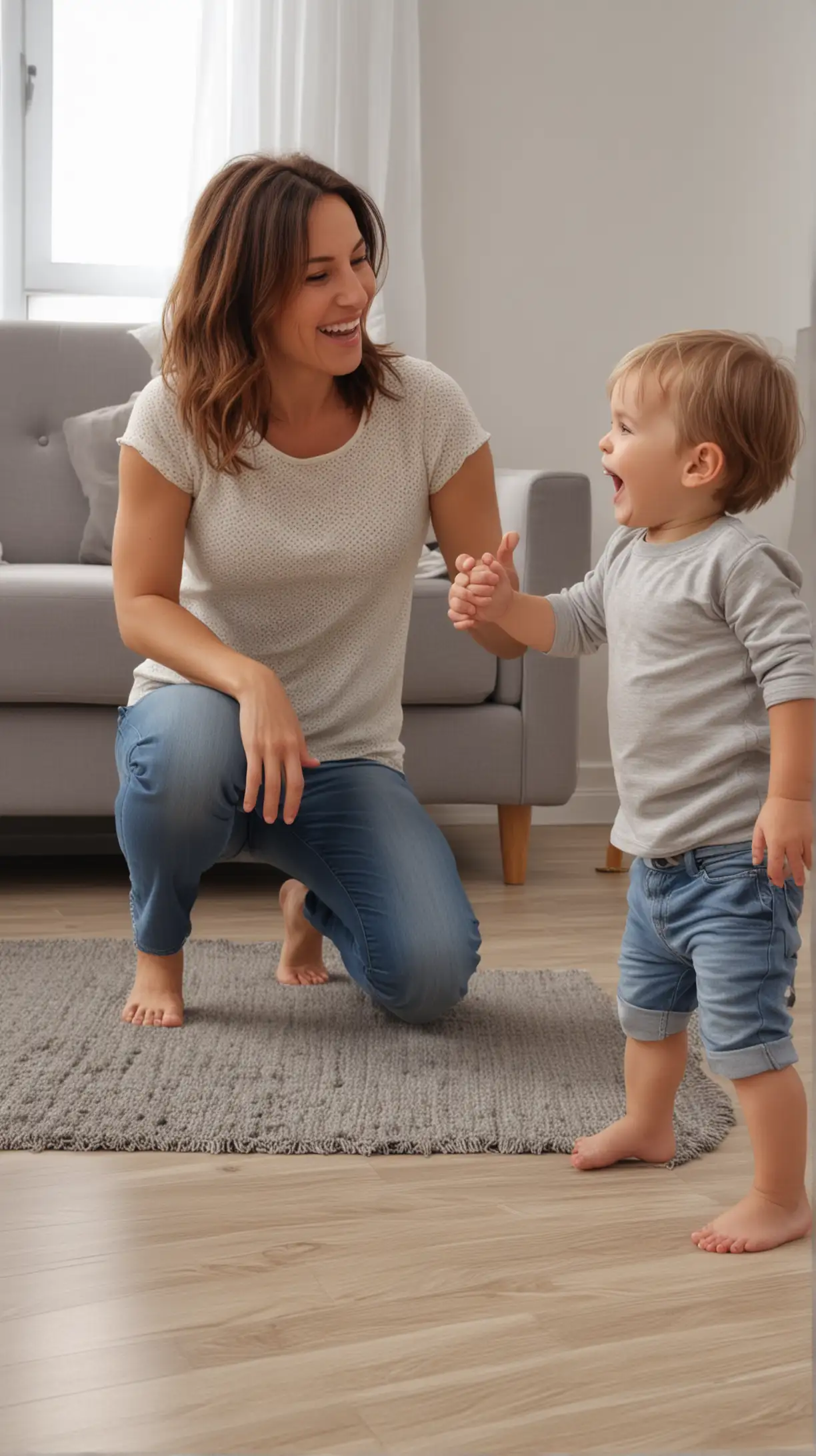 happy woman with no worries, playing with her 2 year old son, wide shot, 4k, HDR, hyper-realistic