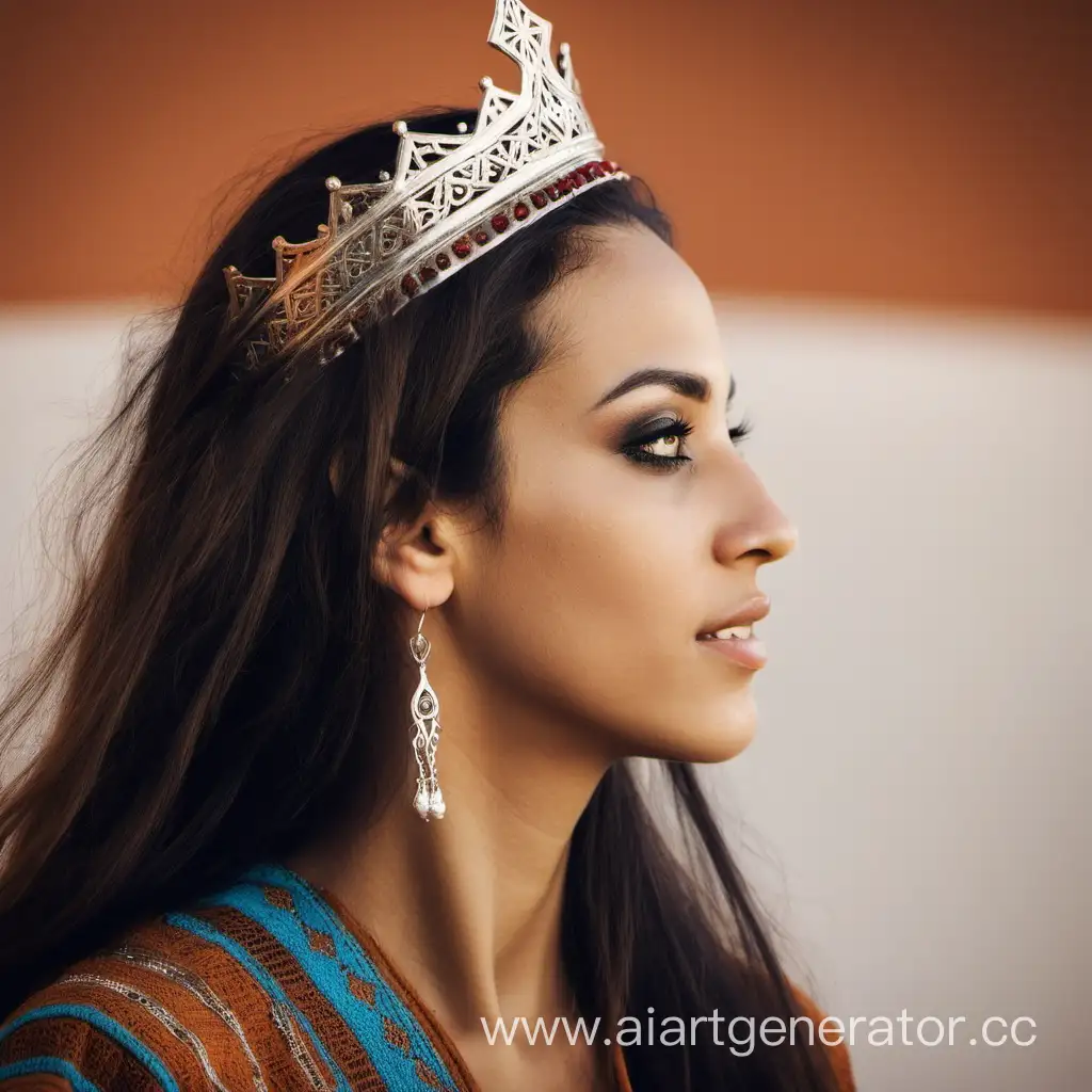 side portrait of beautiful moroccan women with long hair, wears a small crown on her head.