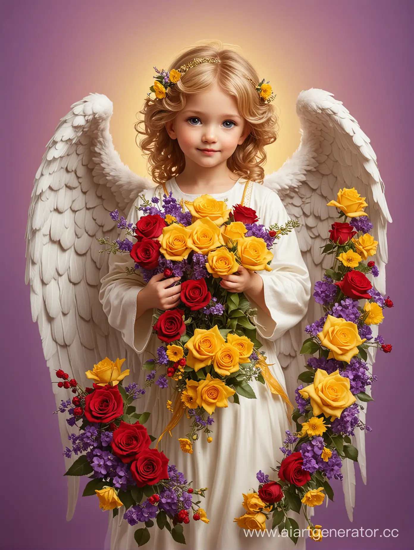 cute angel with a bouquet of beautiful unusual flowers, red roses, yellow-purple background 