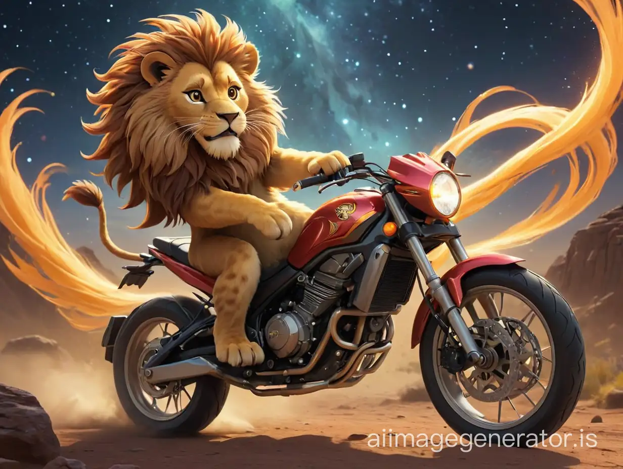 I want a cute image like a lion riding a pulsar bike
