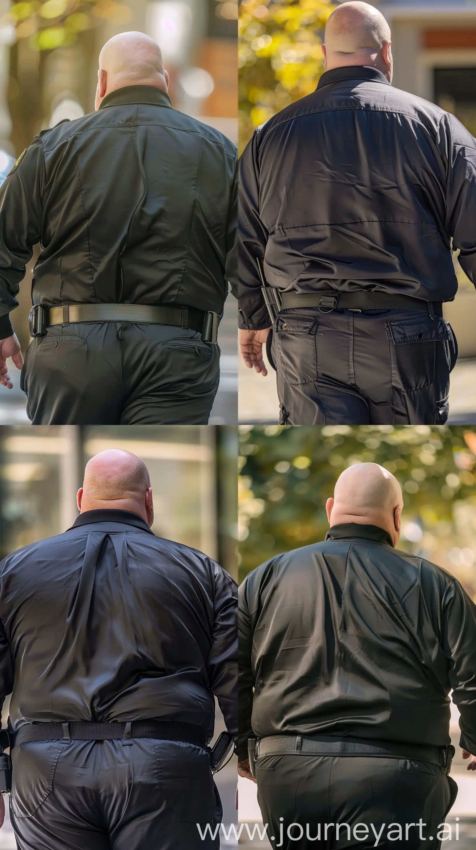 Close-up back view photo of a fat man aged 60 wearing a silk black security guard slim-fitted coverall and a tucked in silk black polo sport shirt. Black tactical belt. Walking. Outside. Bald. Clean Shaven. Natural light. --style raw --ar 9:16
