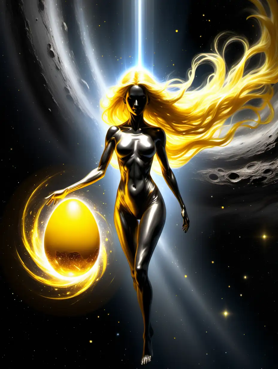 a glowing yellow crystaline female being with flowing hair eminating yellow light from within her as she walks out of a black hole at a distance in space carying a bright golden silver egg big enough to see in her hand.