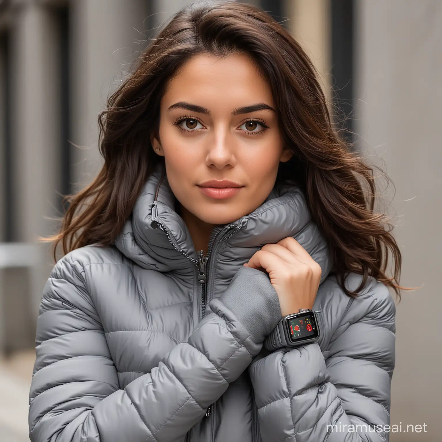 Beautiful 27 year old woman with dark brown hair and brown eyes wearing a gray puffer coat and an Apple Watch