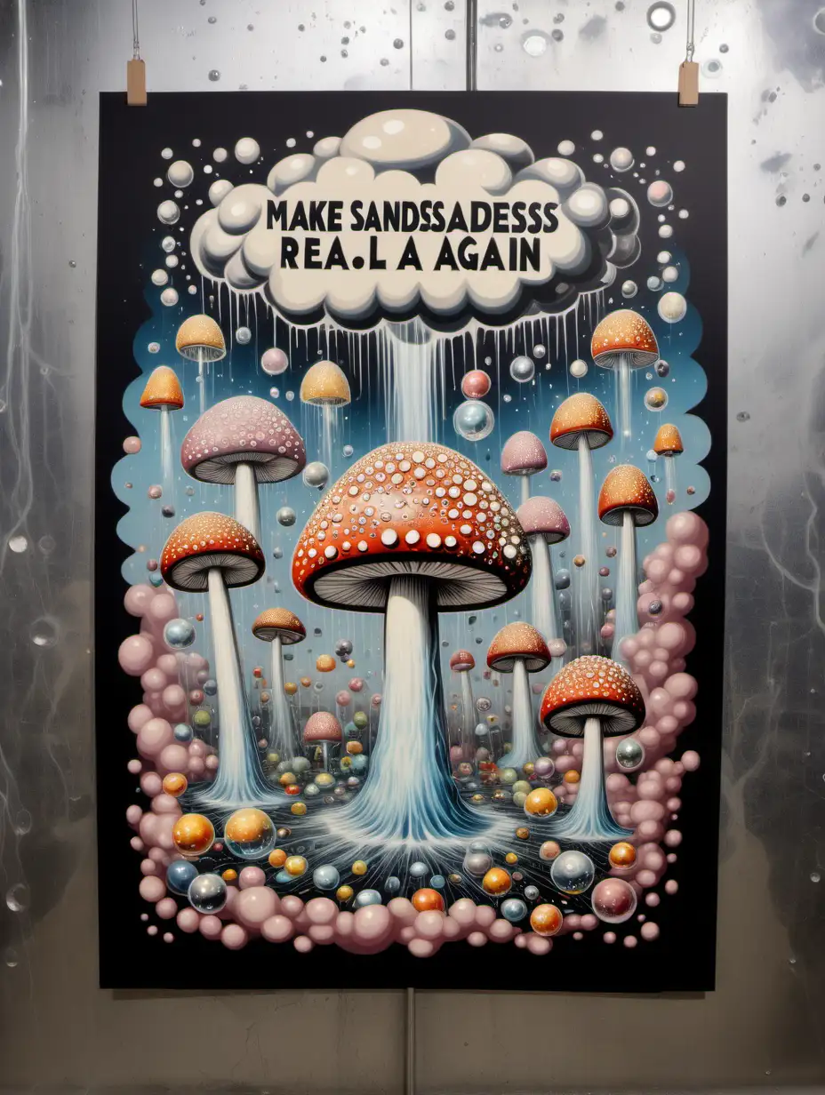 hand painted protest poster with the text "MAKE SADNESS REAL AGAIN", 1860 look, still life painting with mirrored objects and soft machine learning and several multiple complicated atomic mushroom disease clouds, lightening, bucky balls, dull muted colours, no frame, dripping wet with sparkly water jets, floating spores