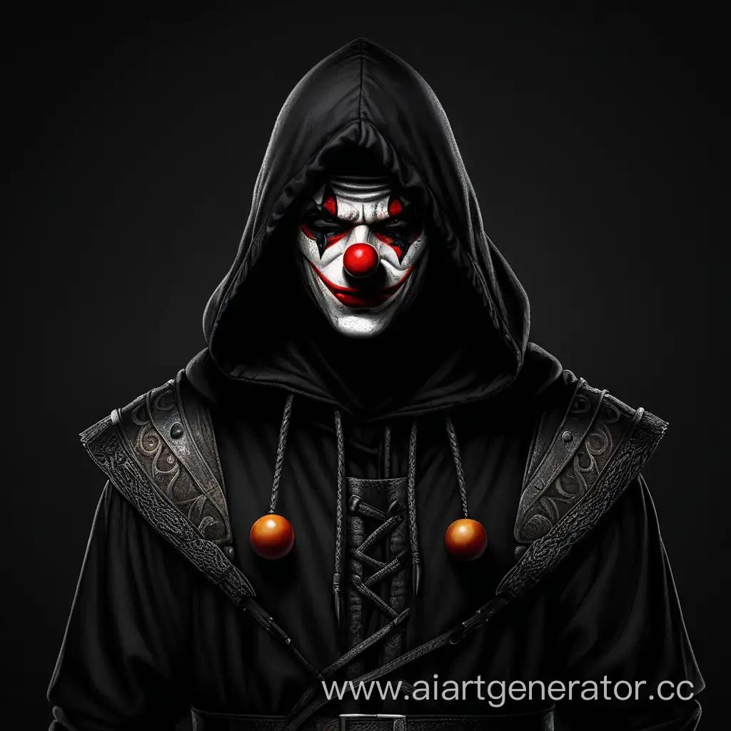 medieval assassin in black clothing with a hood with a clown mask