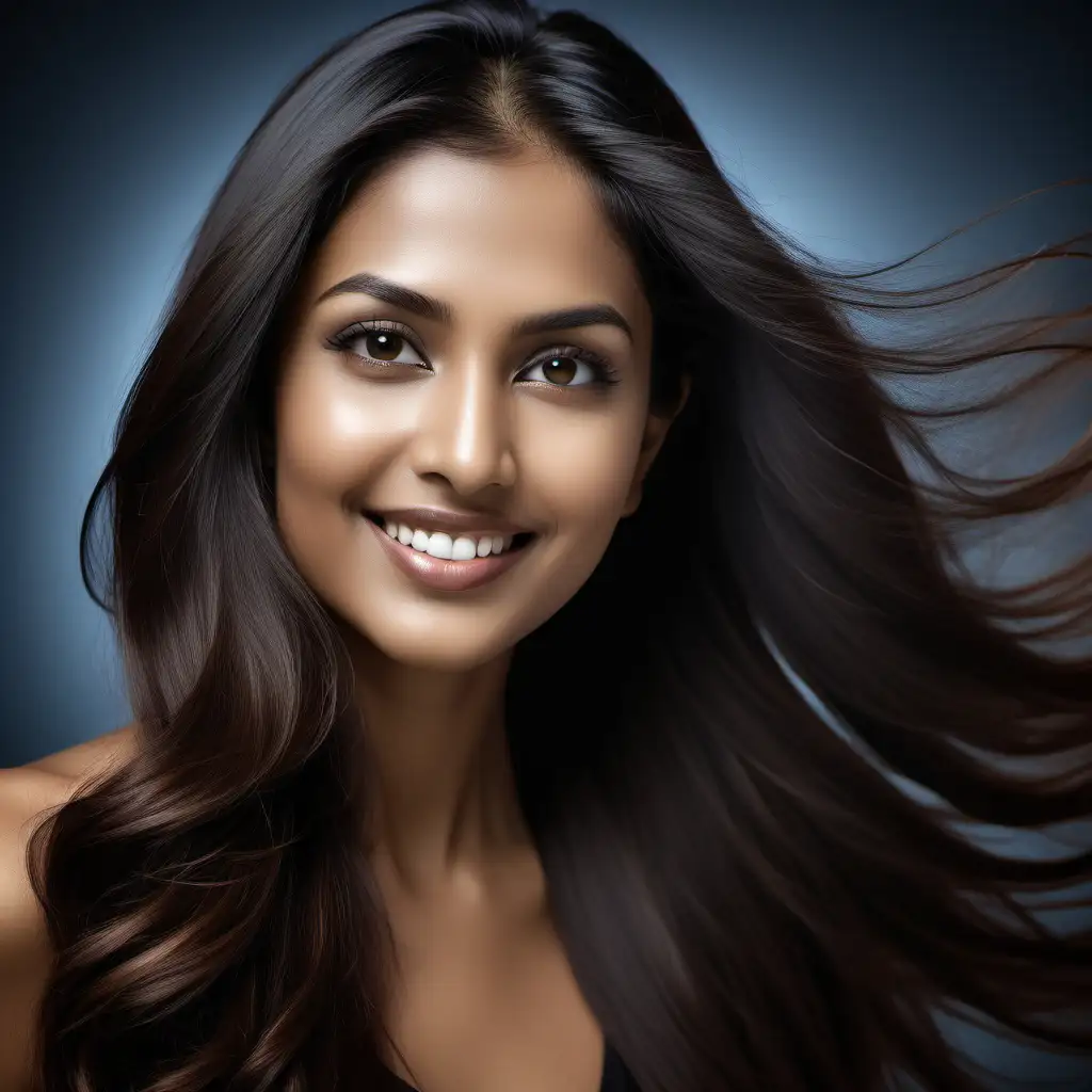 A good looking Indian lady, the epitome of allure, graces the frame in a captivating Hydrafacial creative, with her long flying hair. This photographic masterpiece, captures her essence with a 50mm lens. The scene unfolds with soft studio lighting, casting a gentle glow on her flawless skin. The color temperature leans towards warm tones, enhancing her radiance, while her serene expression exudes both confidence and tranquility. The overall atmosphere is one of sophistication and timeless beauty, reminiscent of a classic portrait. --v 5 --stylize. 