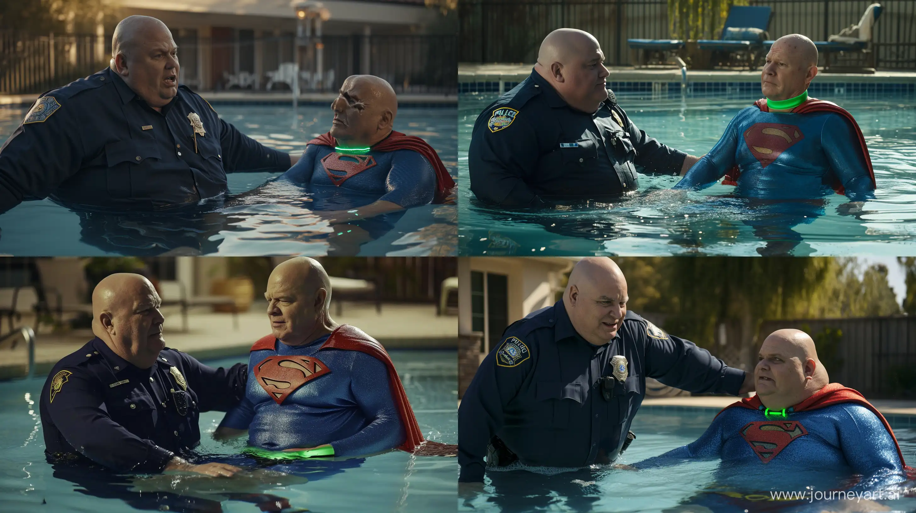 A closeup photo of a serious chubby man aged 60 wearing a long-sleeved navy police uniform, bathing another chubby man aged 60 sitting in the water and wearing a tight blue silky superman costume blue shirt blue pants large red cape and a green glowing small short dog collar. Swimming Pool. Natural Light. Bald. Clean Shaven. --style raw --ar 16:9 --v 6