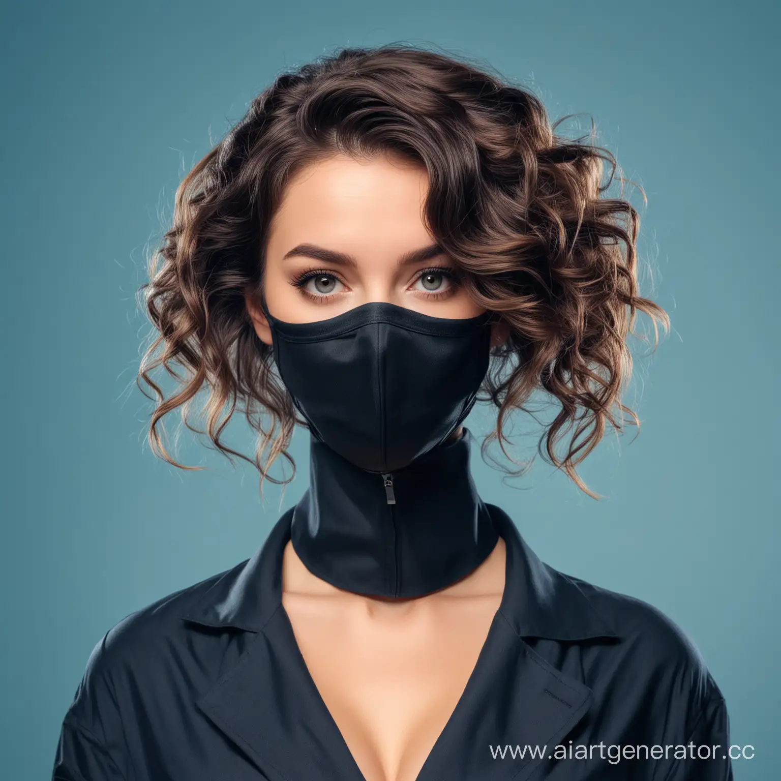 Mysterious-Woman-with-Voluminous-Hair-in-Closed-Mask-on-Blue-Background