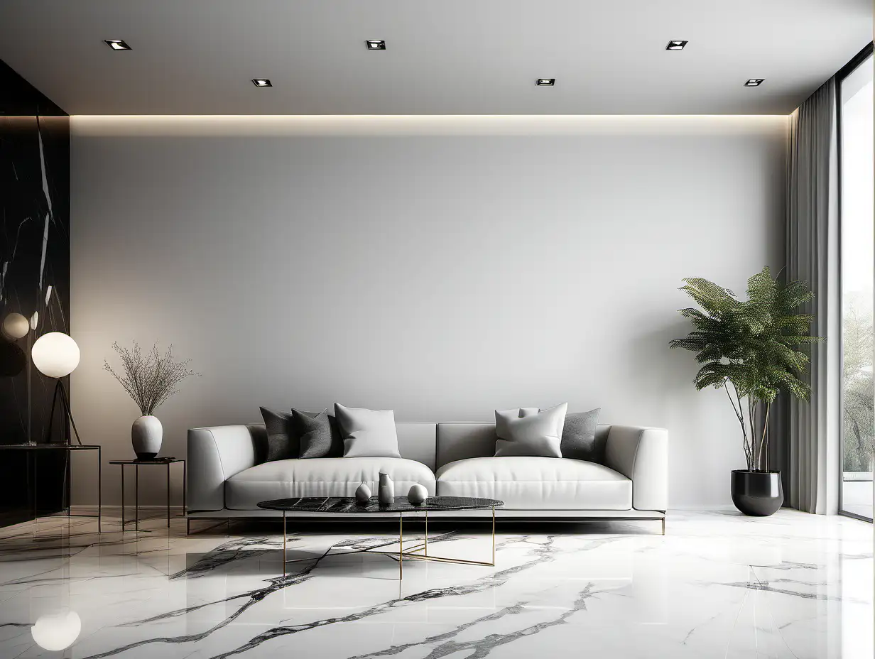 Commercial Photography, modern minimalist living room interior with light grey walls, white sofa and marble floor