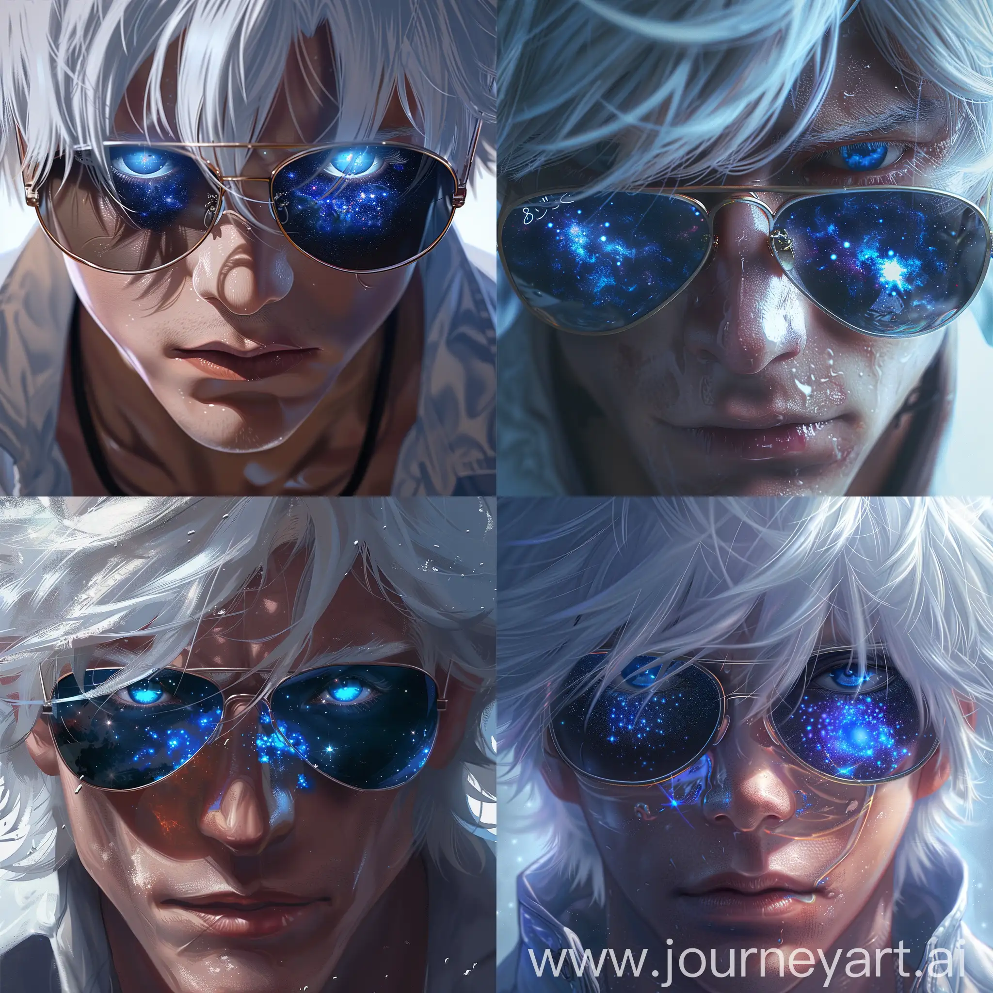 Satoru Gojo, Jujutsu Kaisen, Handsome man with white medium length hair, wearing sunglasses and blue galaxy in his eyes, Sunglasses on the bridge of his nose, revealing his deep blue eyes, looking at viewers, hyper-realistic atmospheres, details, 8k