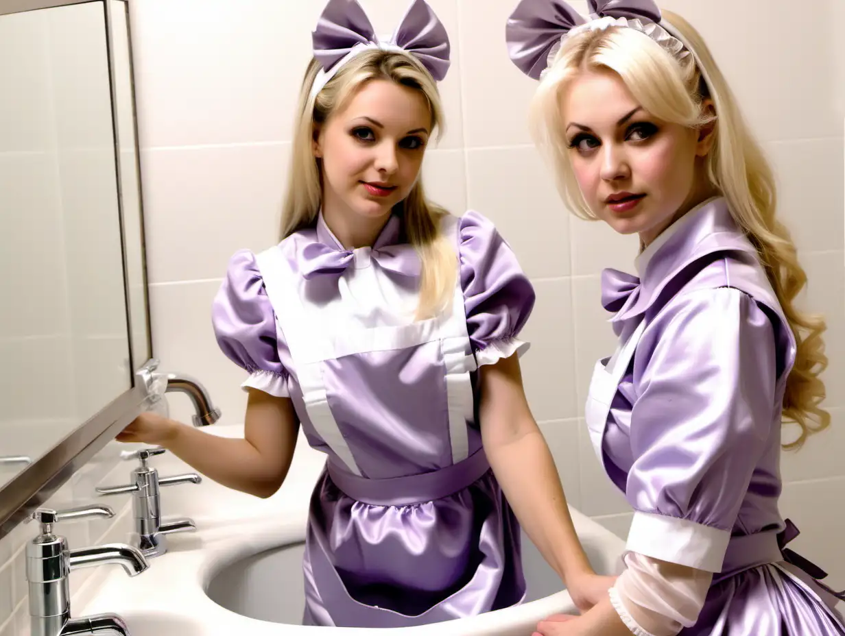 girl in long lila  satin maid uniforms and mothers blonde hair clean bathroom and kitchen