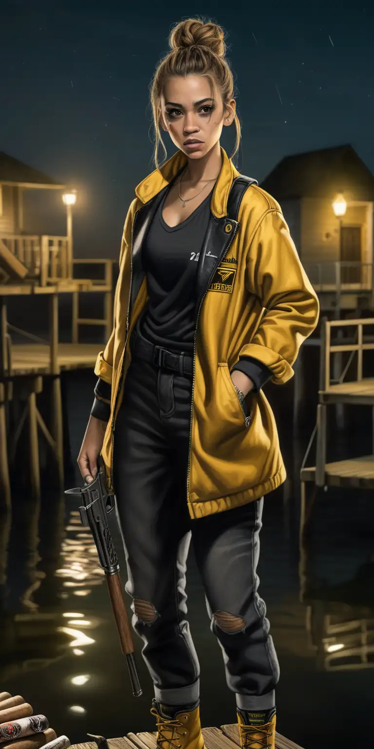 young adult woman, very light skin, dark gray eyes, bronze hair up in a messy bun, , black and yellow suit, combat boots, cigar in mouth, throwing knives in her hand, standing near a well lit dock with criminals at night