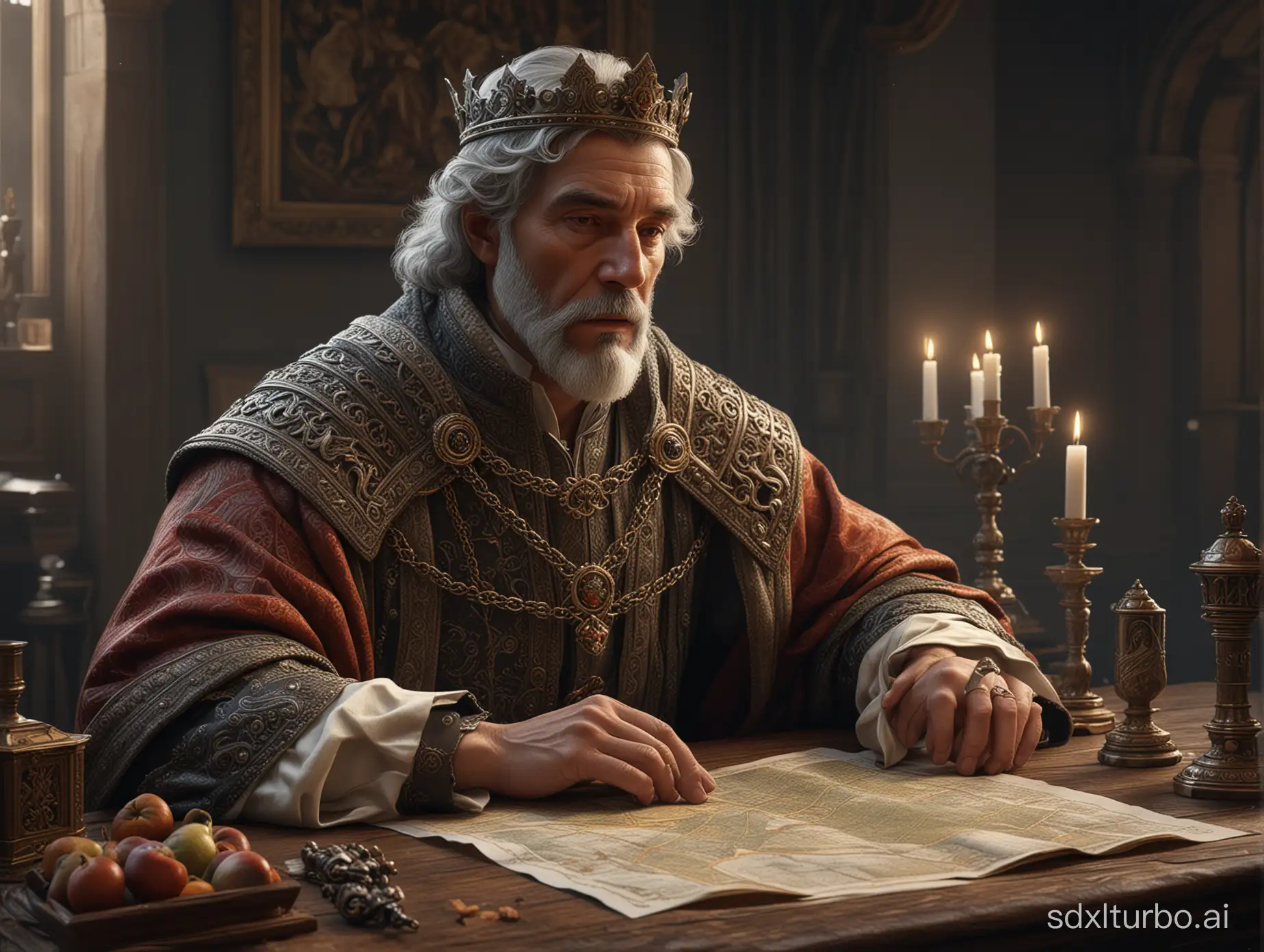 a gray-haired handsome (((king))) of about forty-five  with a crown on the head in medieval  gorgeous royal clothes standing at an antique table with a geographical map on it, perfect composition, beautiful detailed intricate insanely detailed octane render trending on artstation, 8 k, photorealistic concept art, soft natural volumetric cinematic perfect light, chiaroscuro,  masterpiece, caravaggio, greg rutkowski perfect composition, beautiful detailed intricate insanely detailed octane render trending on artstation, 8 k, photorealistic concept art, soft natural volumetric cinematic perfect light, chiaroscuro,  masterpiece, caravaggio, greg rutkowski