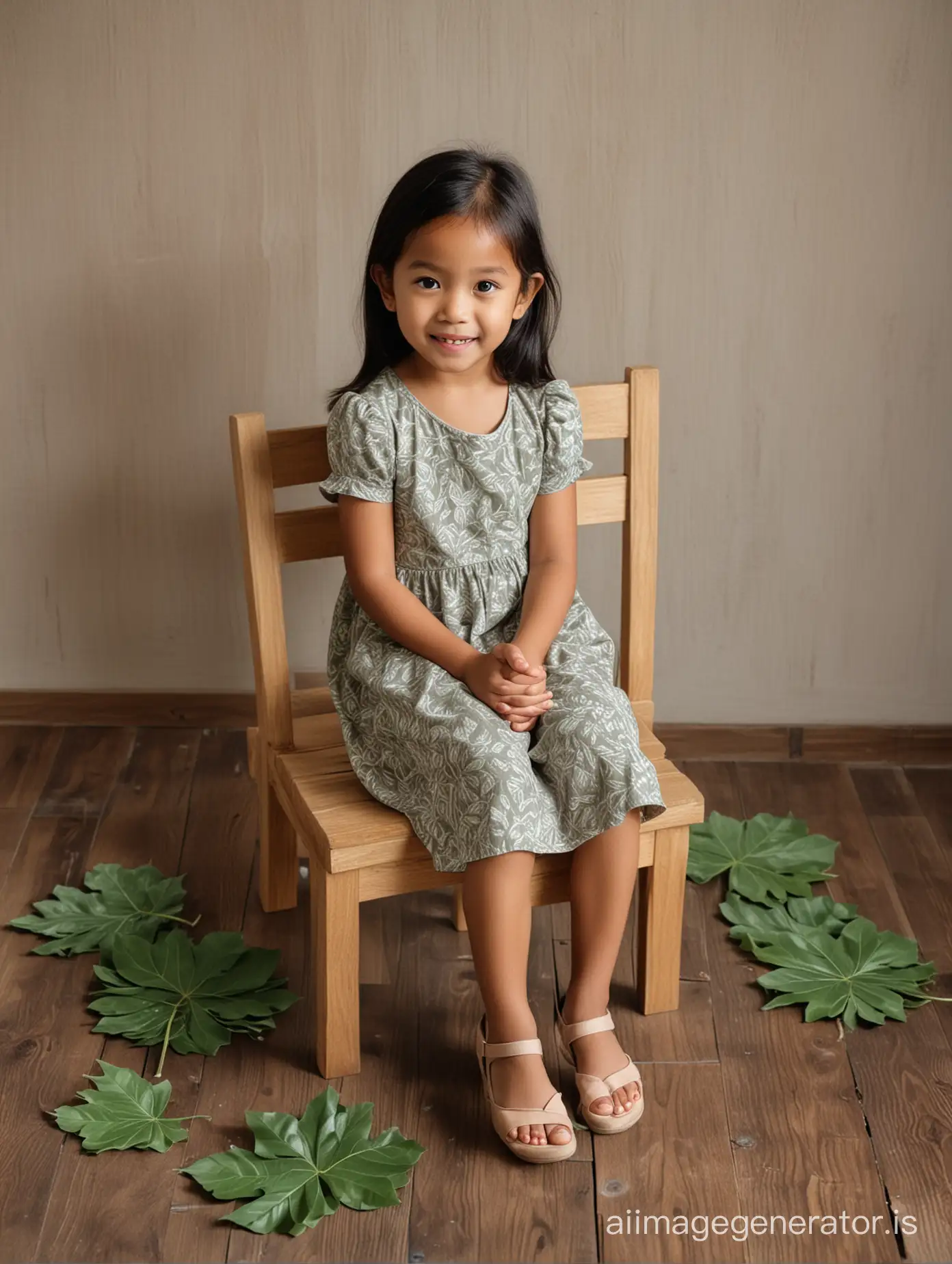 A six year old Indonesian girl sit on the Wood chair. Interior Wood feel with leaves on the wooden floor.