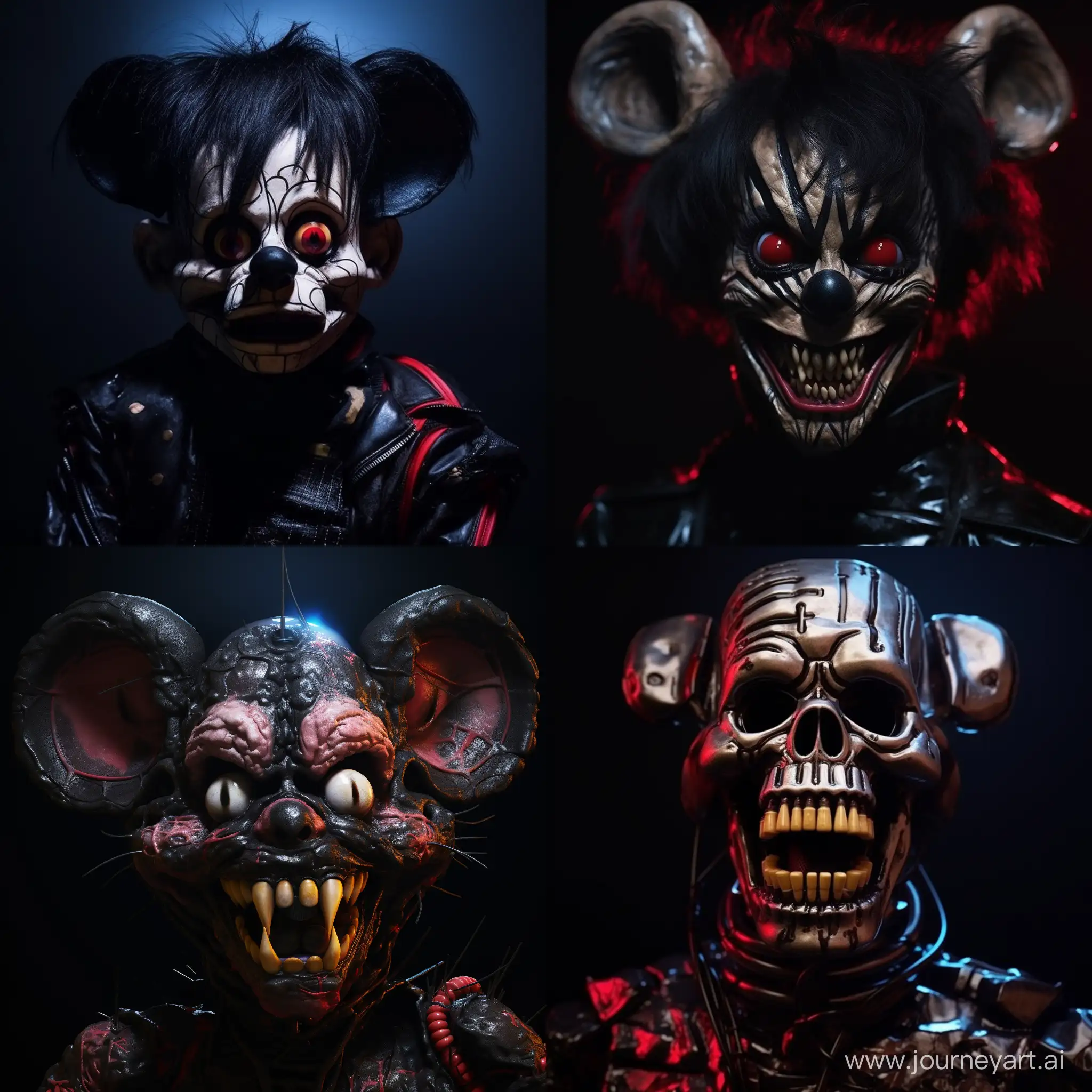 Capturing the essence of the 80s, this close-up portrait photography features a sinister Mickey Mouse-inspired creature with a demonic shiny exoskeleton. The hard surface is intensified against a solid black background, evoking an unsettling yet mesmerizing vibe reminiscent of 80s aesthetics
