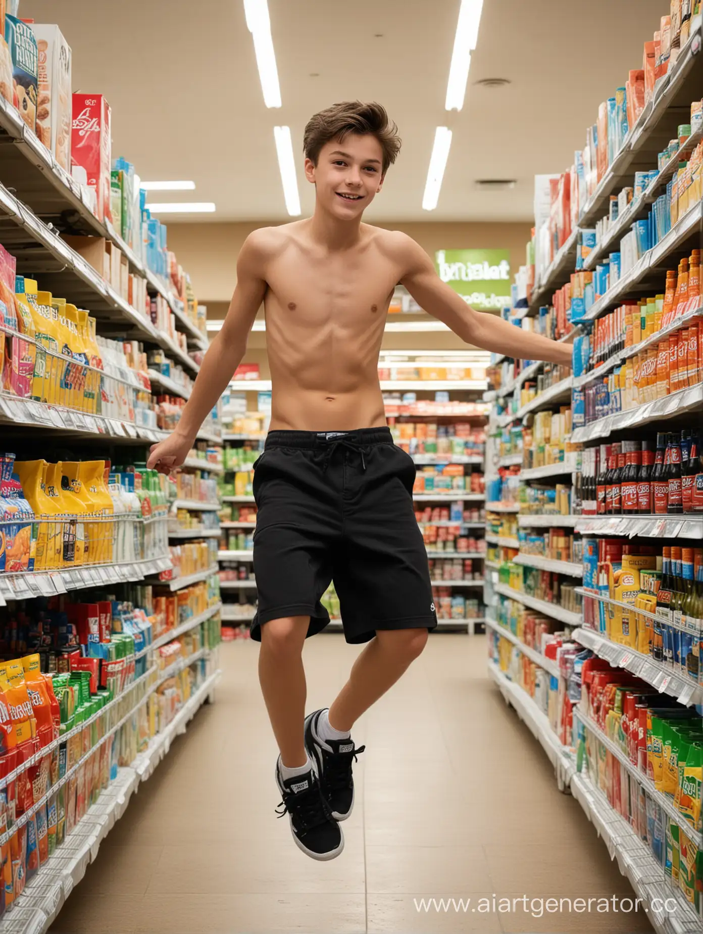 A cute, slim, barechested 14-year-old boy in black shorts and sneakers doing a flip in a crowded supermarket.