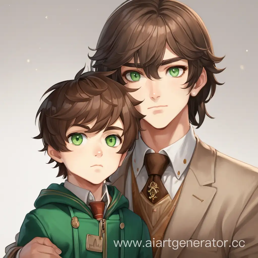 маленький мальчик с зелеными глазами и коричневыми волосами и мужчина высокий с темными волосами