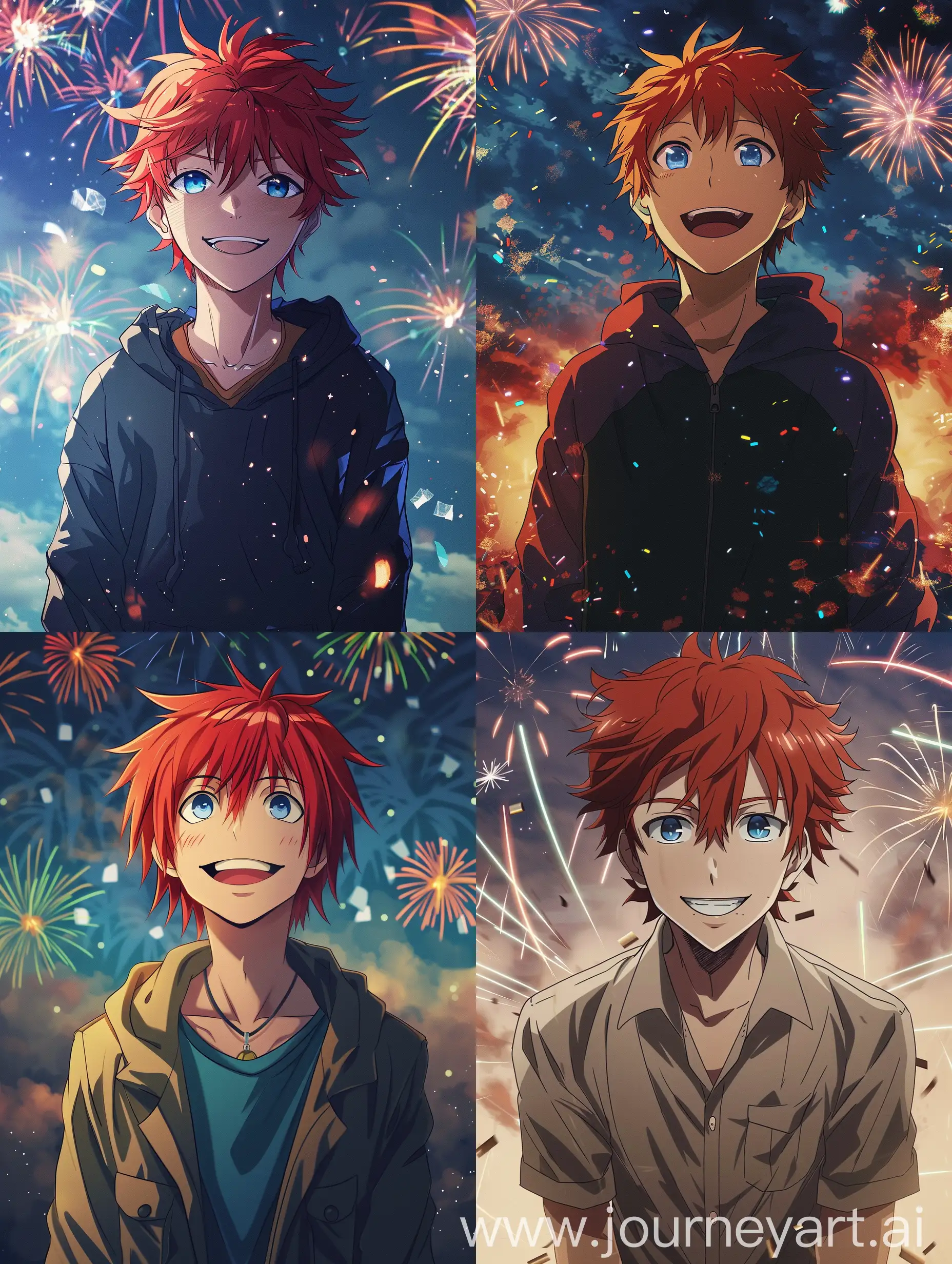 Holiday, fireworks, red-haired young man with blue eyes, standing and smiling, anime style