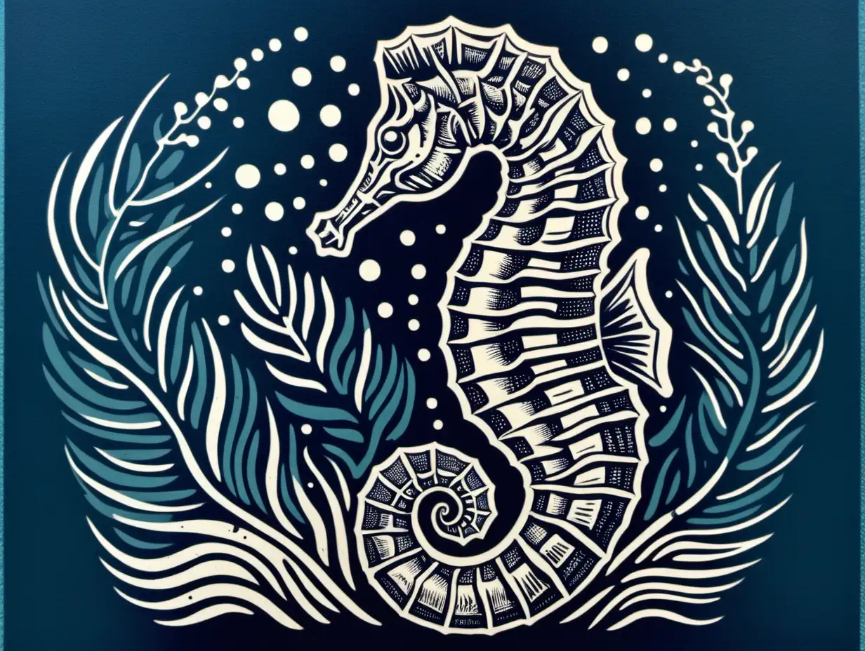 Mesmerizing Seahorse Linocut Artwork Detailed Oceanic Print