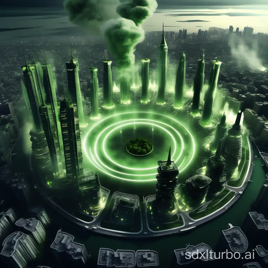single city with 8 towers with smoke coming out of them formed by a circle with a 3:4 swooping view from above, in the center there is a giant building with huge tanks of glowing olive green liquid illuminating the city, divided by platforms, grey tones and illumination of VERY dark green tones, 4k, 3D