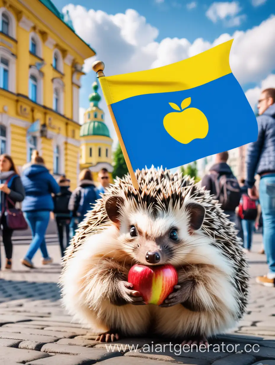 A giant hedgehog sits in glasses more than houses in the center of Kiev with an apple in its paws on the background people walk around photographing a hedgehog the sky in the color of the flag of Ukraine with white thick fluffy clouds