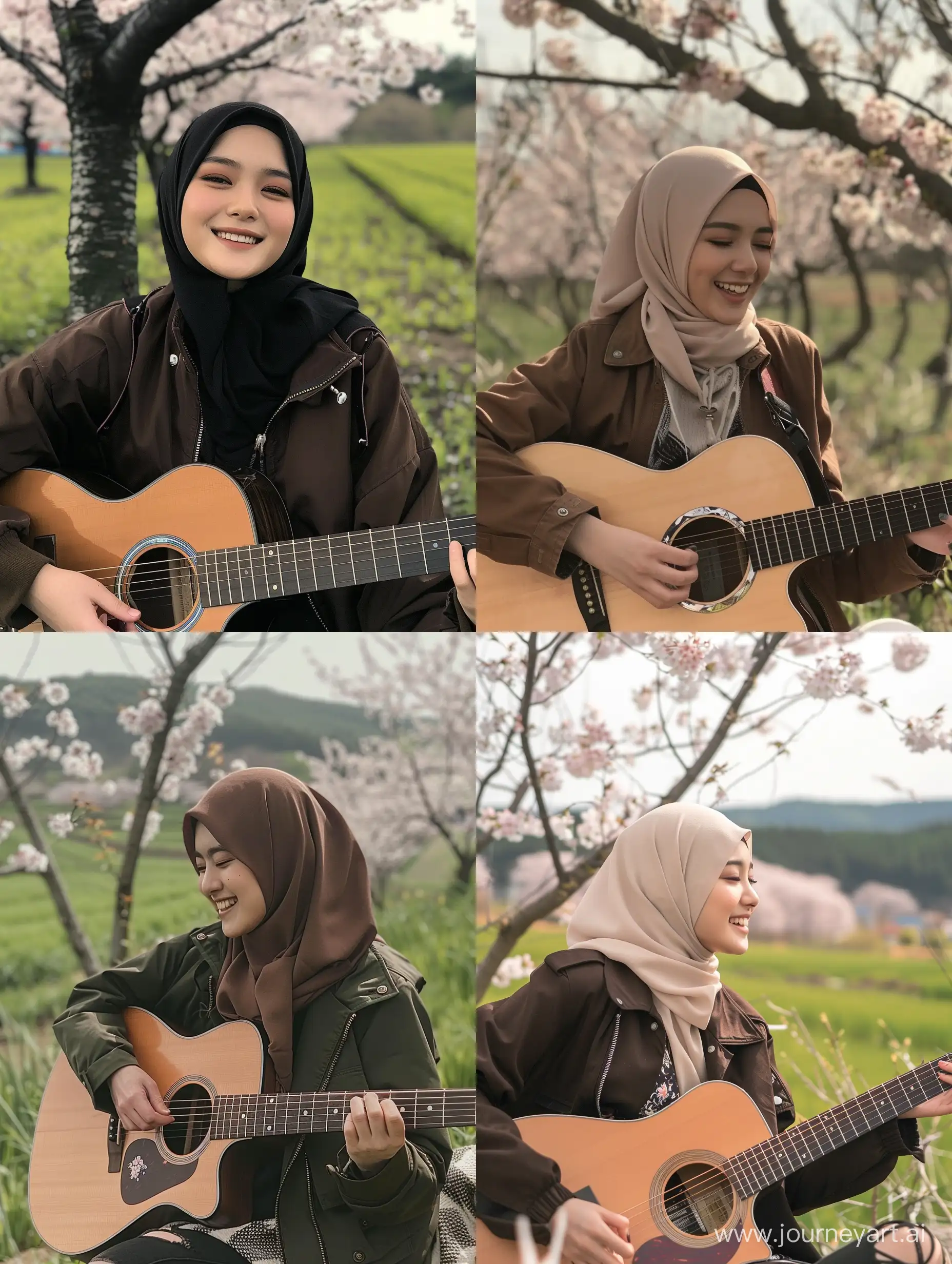 Cellphone photo of attractive hijab muslim Korean girl on our first date, playing guitar,wearing cool jacket, under cherry blossom tree, posted on snapchat,field,dark hair,relaxed grin